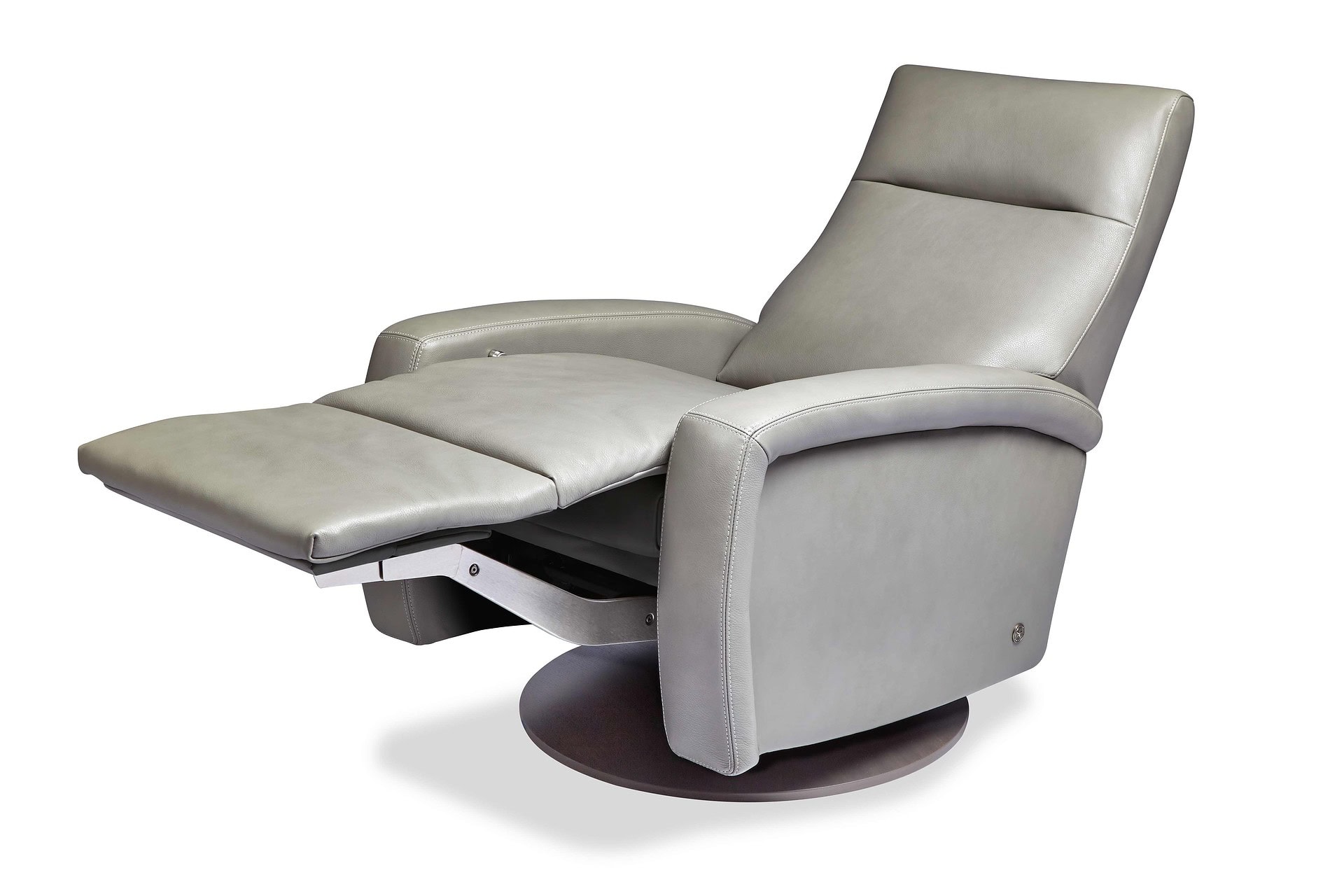 Gray leather recliner chair with adjustable footrest and modern design.