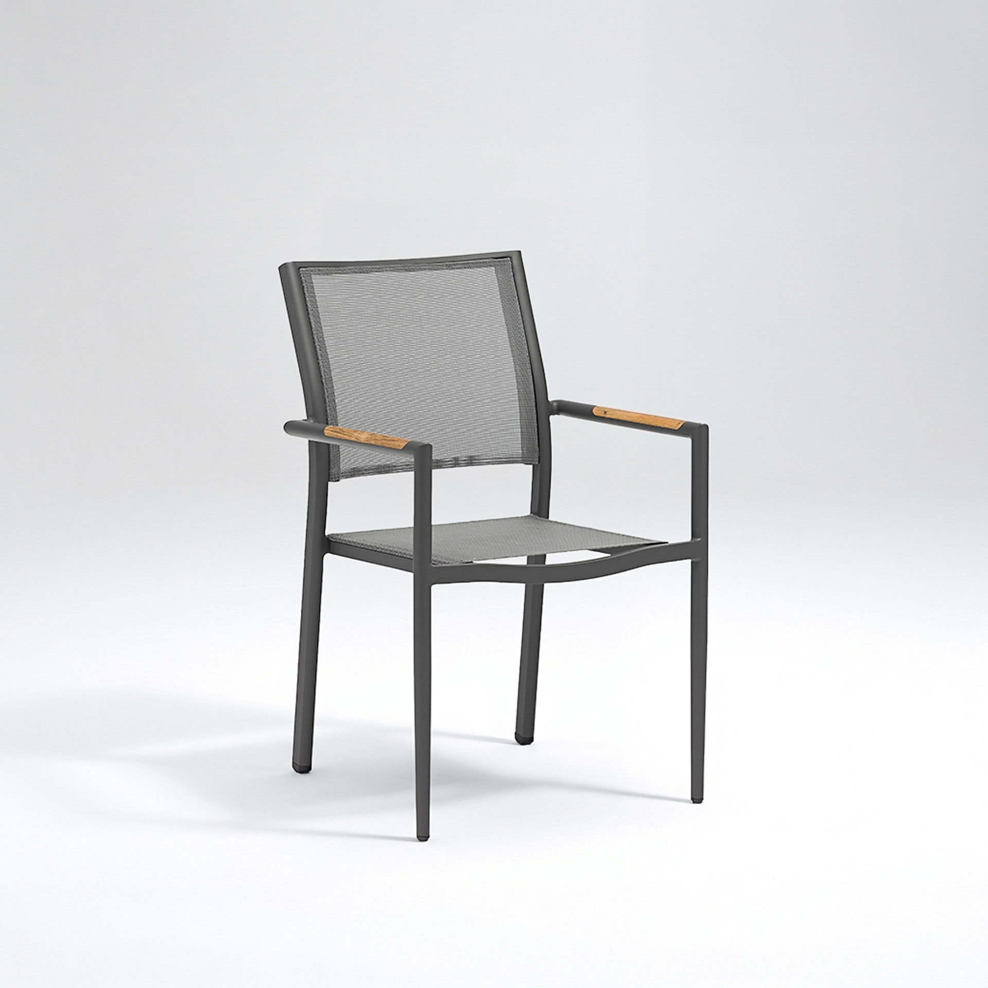 Outdoor dining chair with mesh seat and wooden armrests for patio or garden.