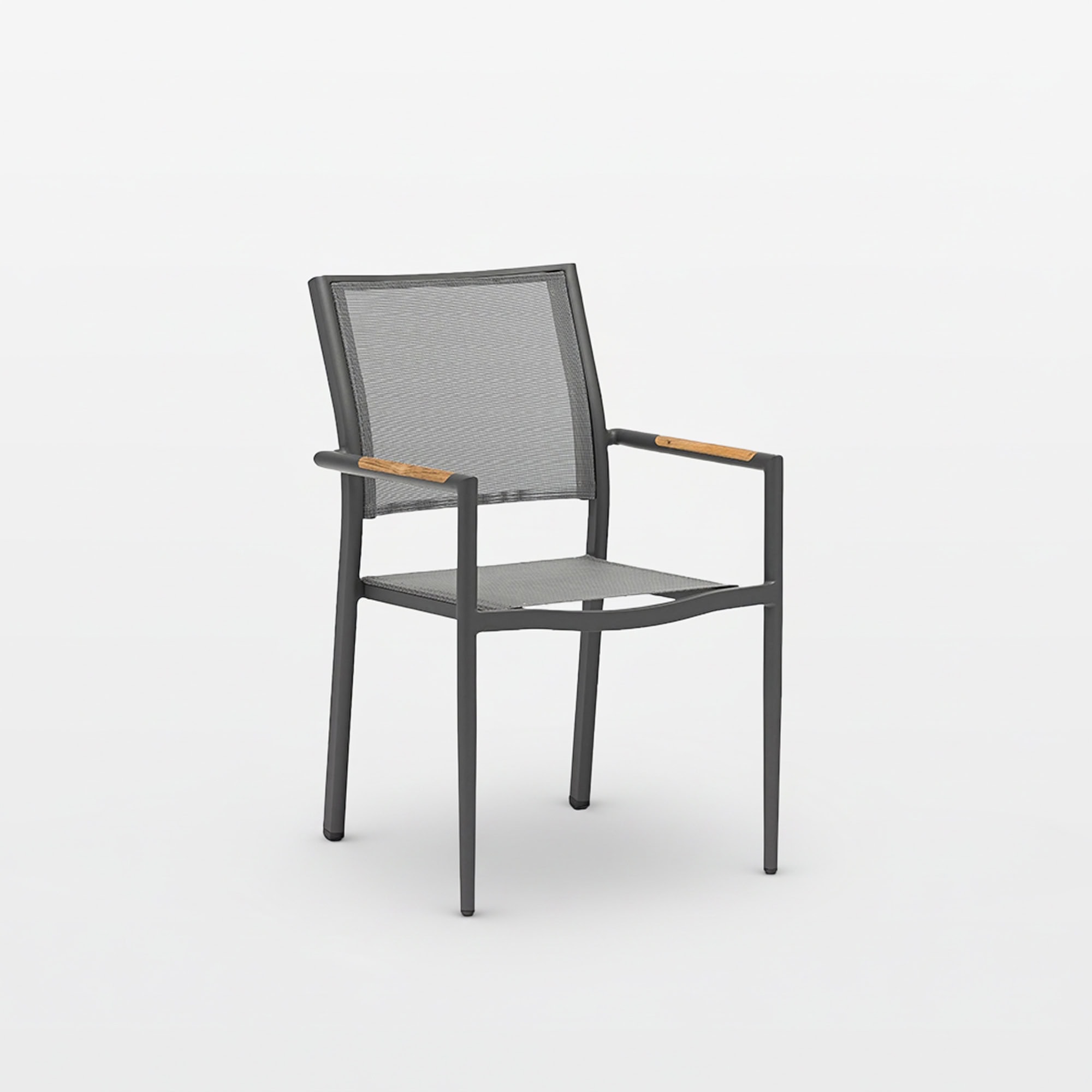 Outdoor dining chair with mesh seat and wooden armrests for patio or garden.