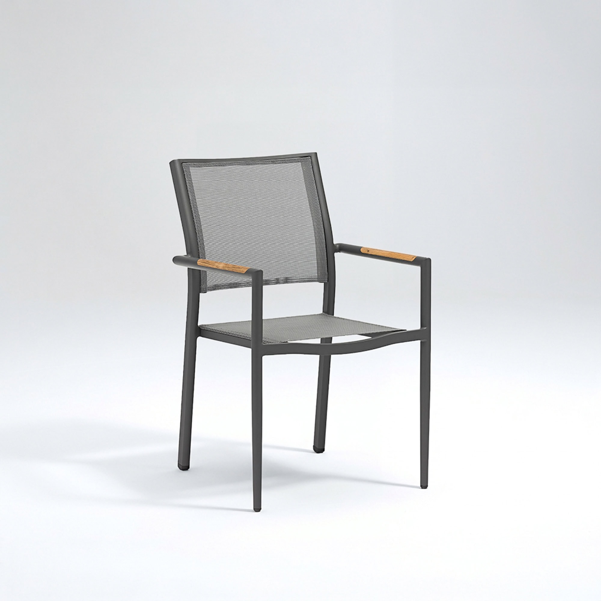 Outdoor dining chair with mesh seat and wooden armrests for patio or garden.