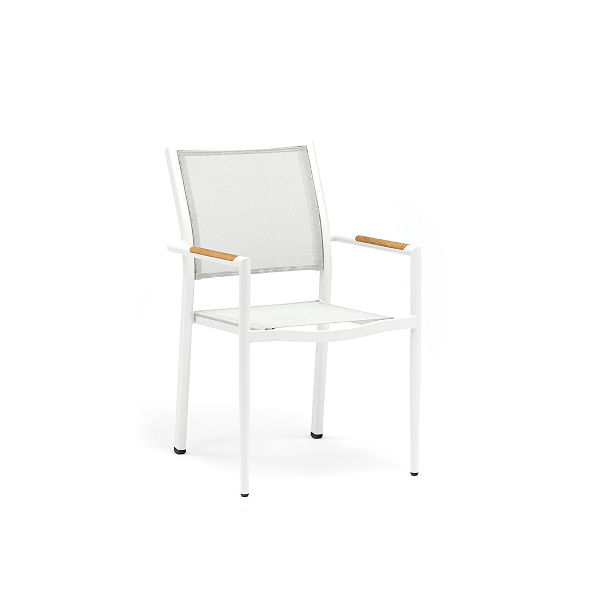 White outdoor chair with mesh back and wooden armrests for patio or garden.