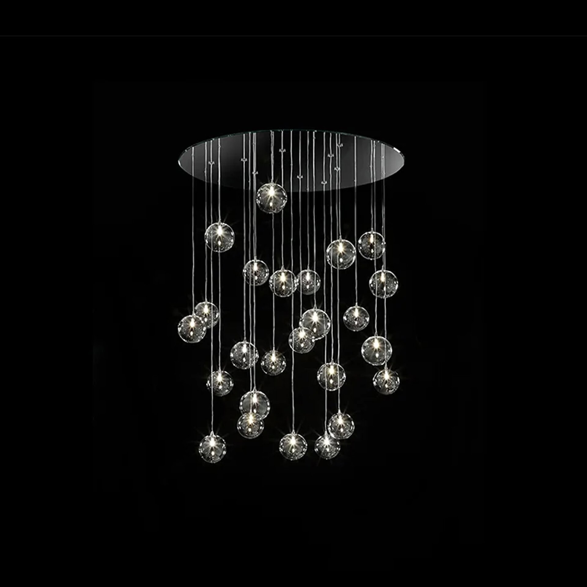 Elegant modern chandelier with glass spheres and LED lighting for luxury home décor.