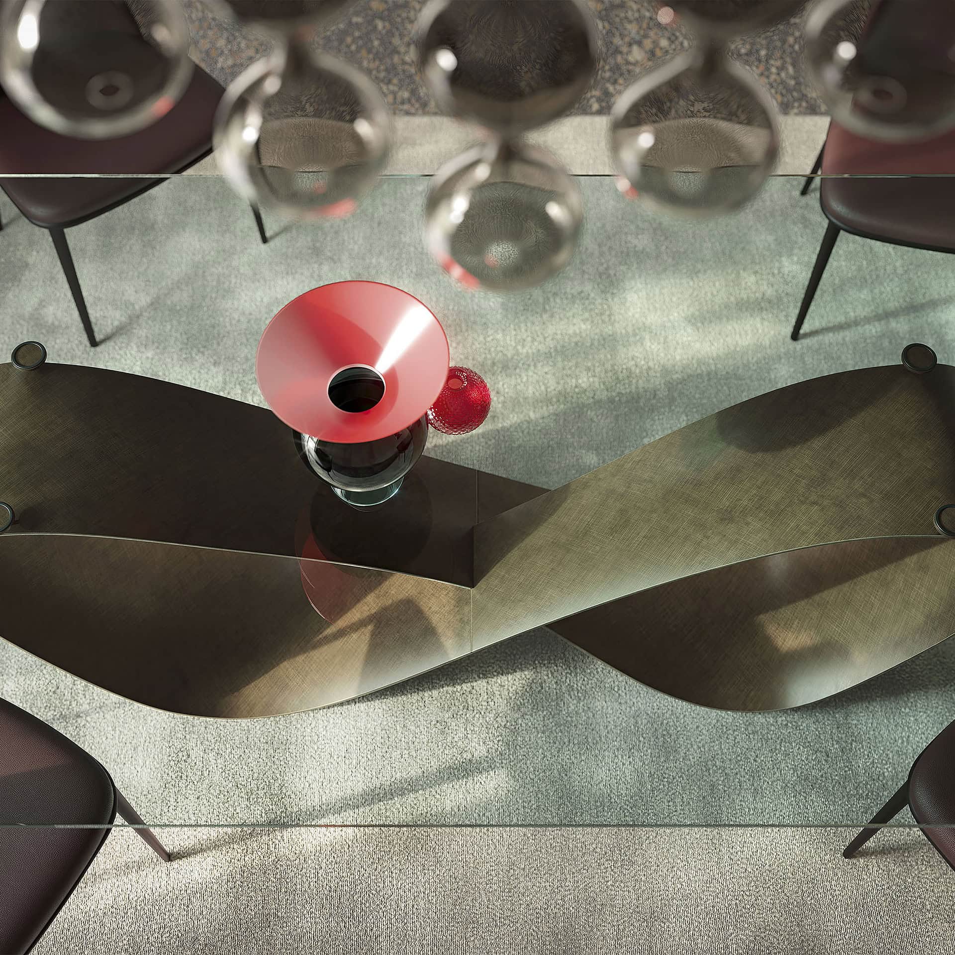 Elegant butterfly-shaped sculptural dining table with a glossy finish.