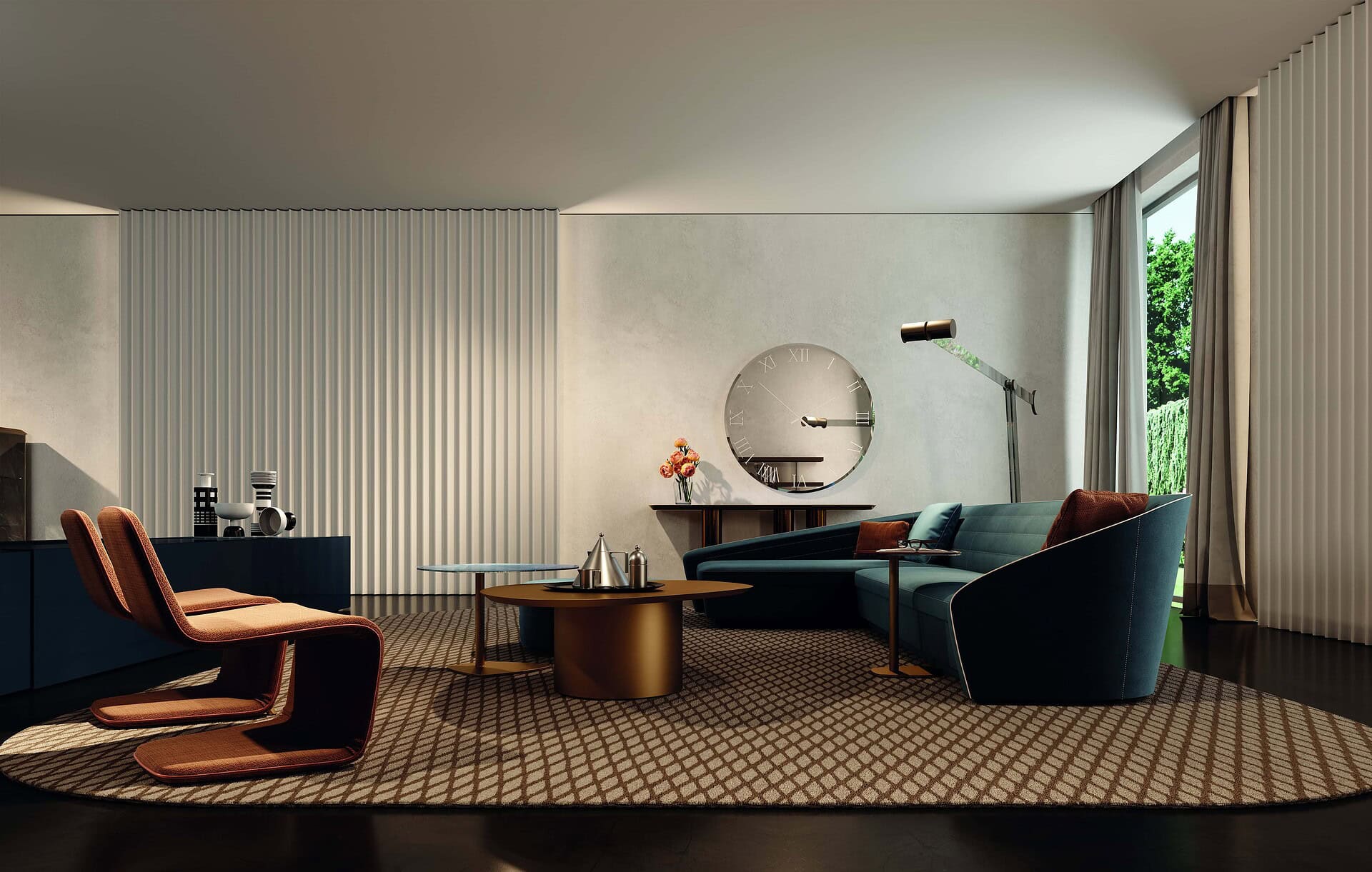 Elegant modern living room with designer furniture, stylish rug, and contemporary decor from Sklar Furnishings.