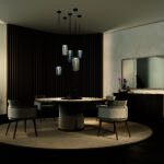 Sleek modern dining room with round table, stylish chairs, and contemporary lighting and decor elements.