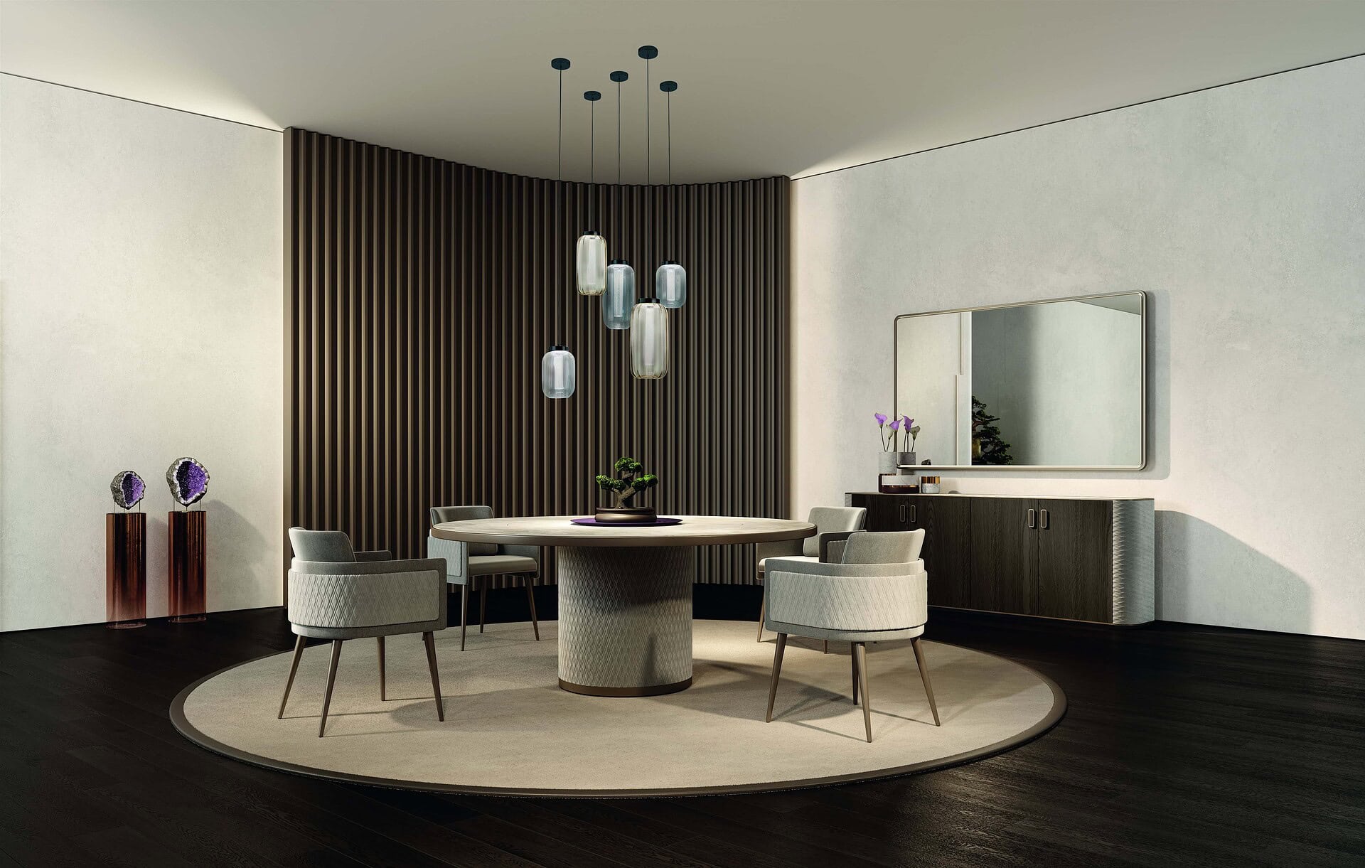 Sleek modern dining room with round table, stylish chairs, and contemporary lighting and decor elements.