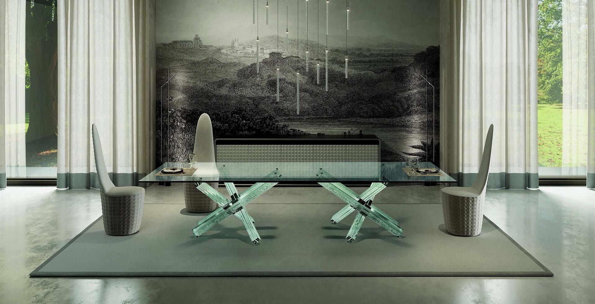 Contemporary glass dining table with modern white upholstered chairs. Elegant interior design by Sklar Furnishings.