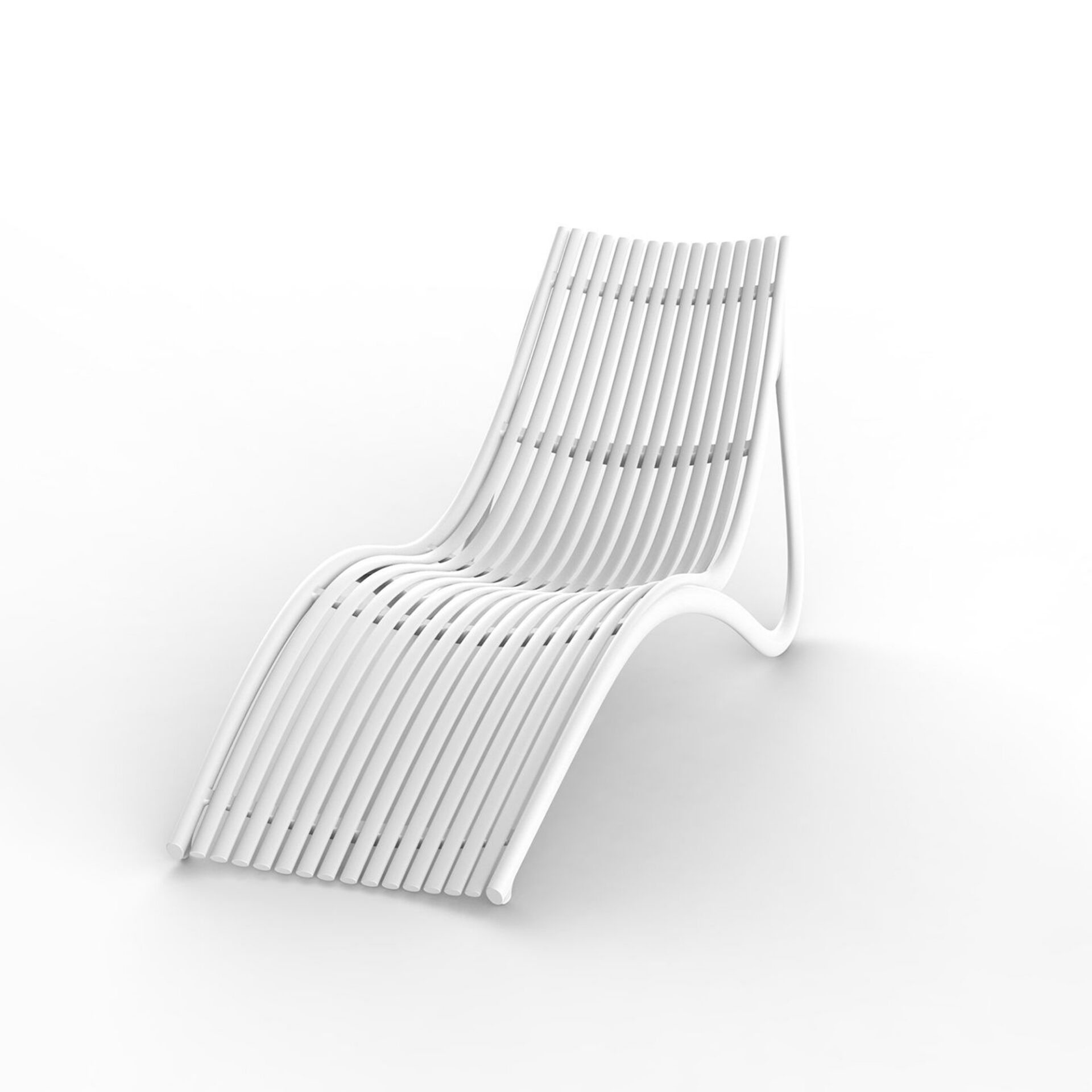 A white, modern slatted chaise lounge chair with an ergonomic, curved design, set against a white background.