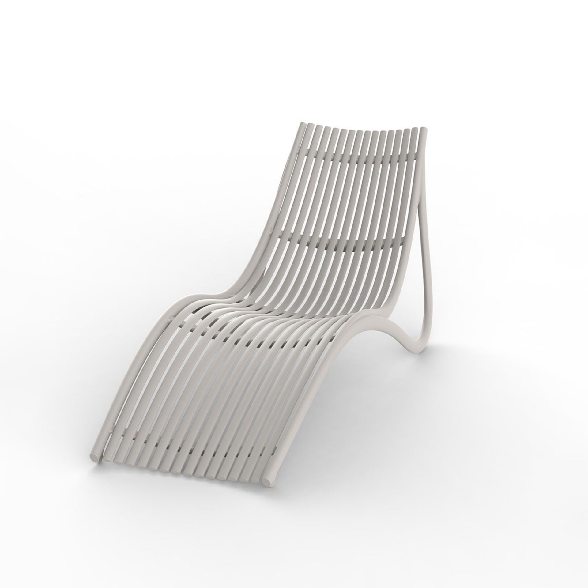 A light grey, modern slatted chaise lounge with an S-curve design, rendered against a white background.