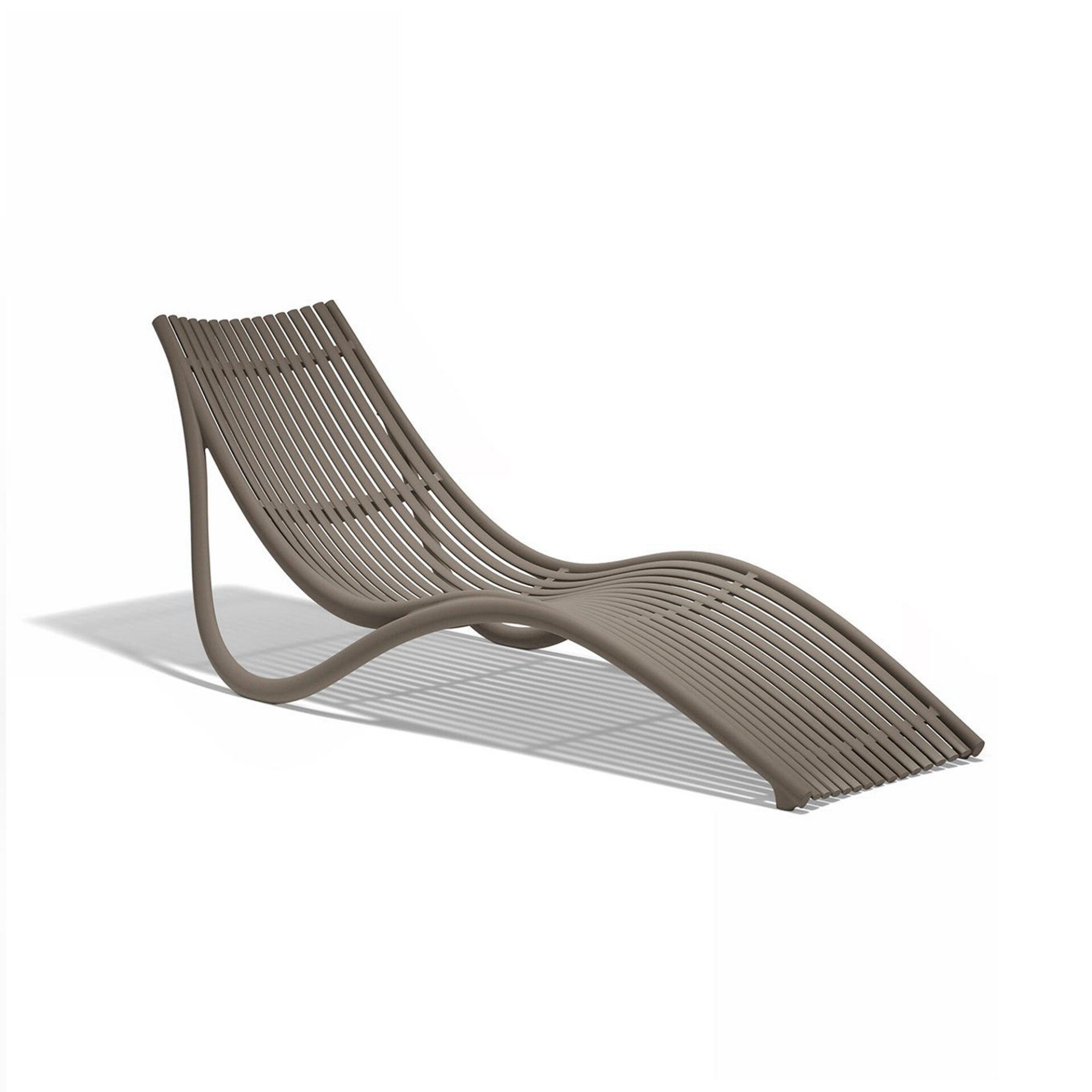 A modern, taupe-colored slatted chaise lounge chair with an ergonomic, wave-like design, set against a white background.