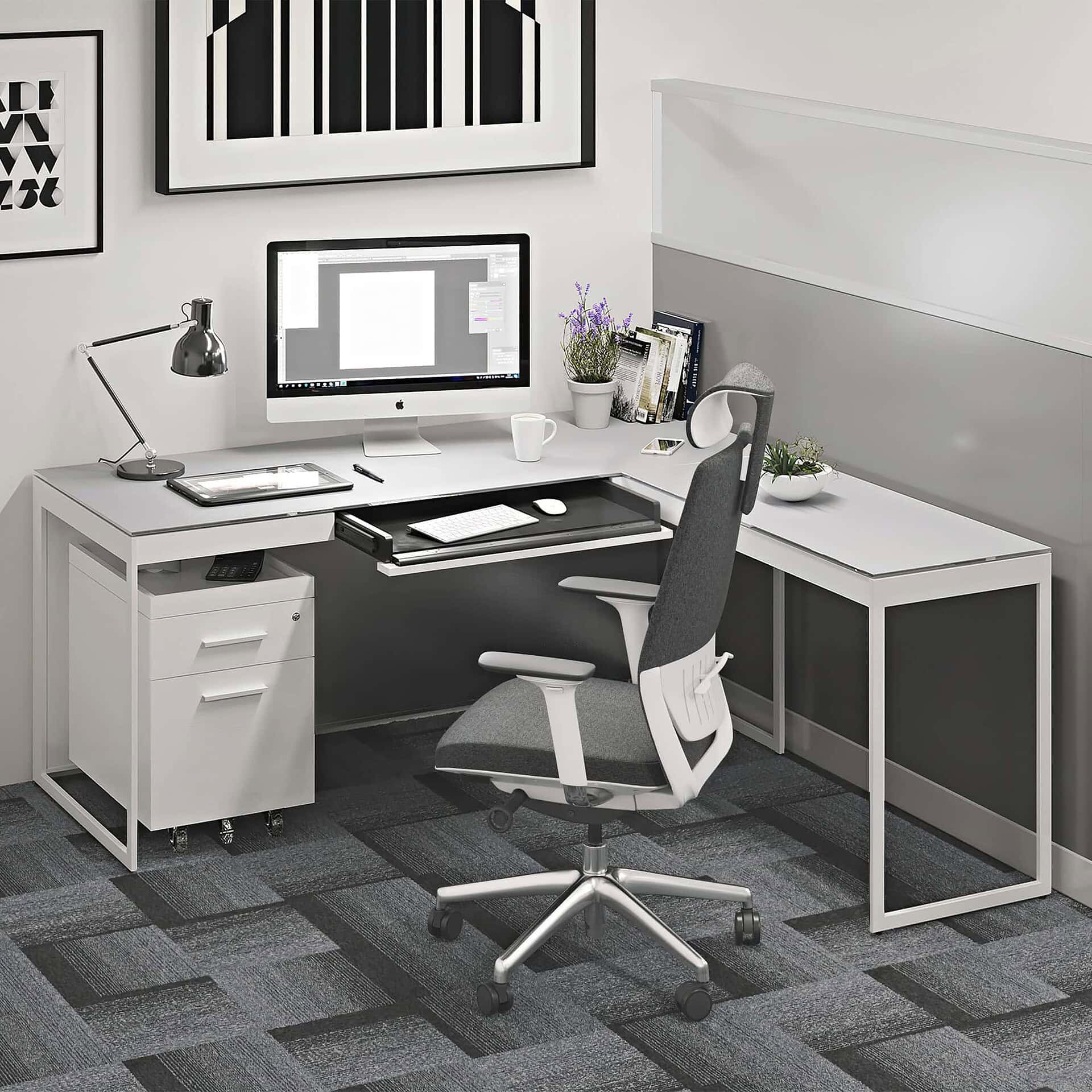 Contemporary modern office workspace with ergonomic chair, sleek desk, and stylish decor for productive work environment.