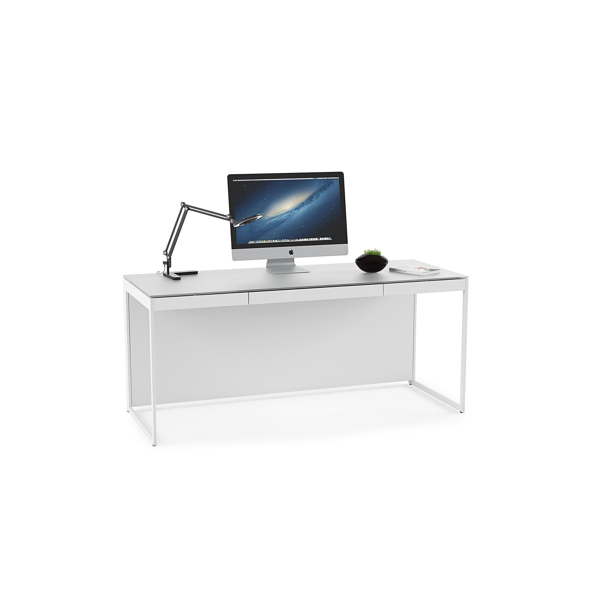 Sleek modern white desk with minimalist design, ideal for home office or workspace setup.