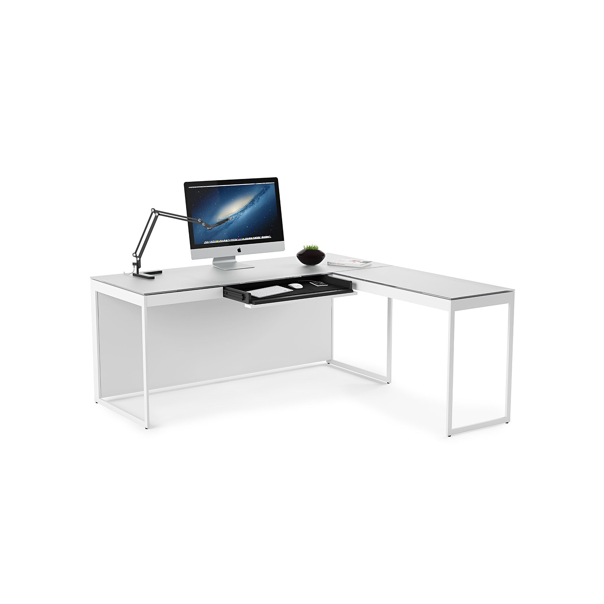 Minimalist white L-shaped office desk with cable drawer, modern workspace furniture.