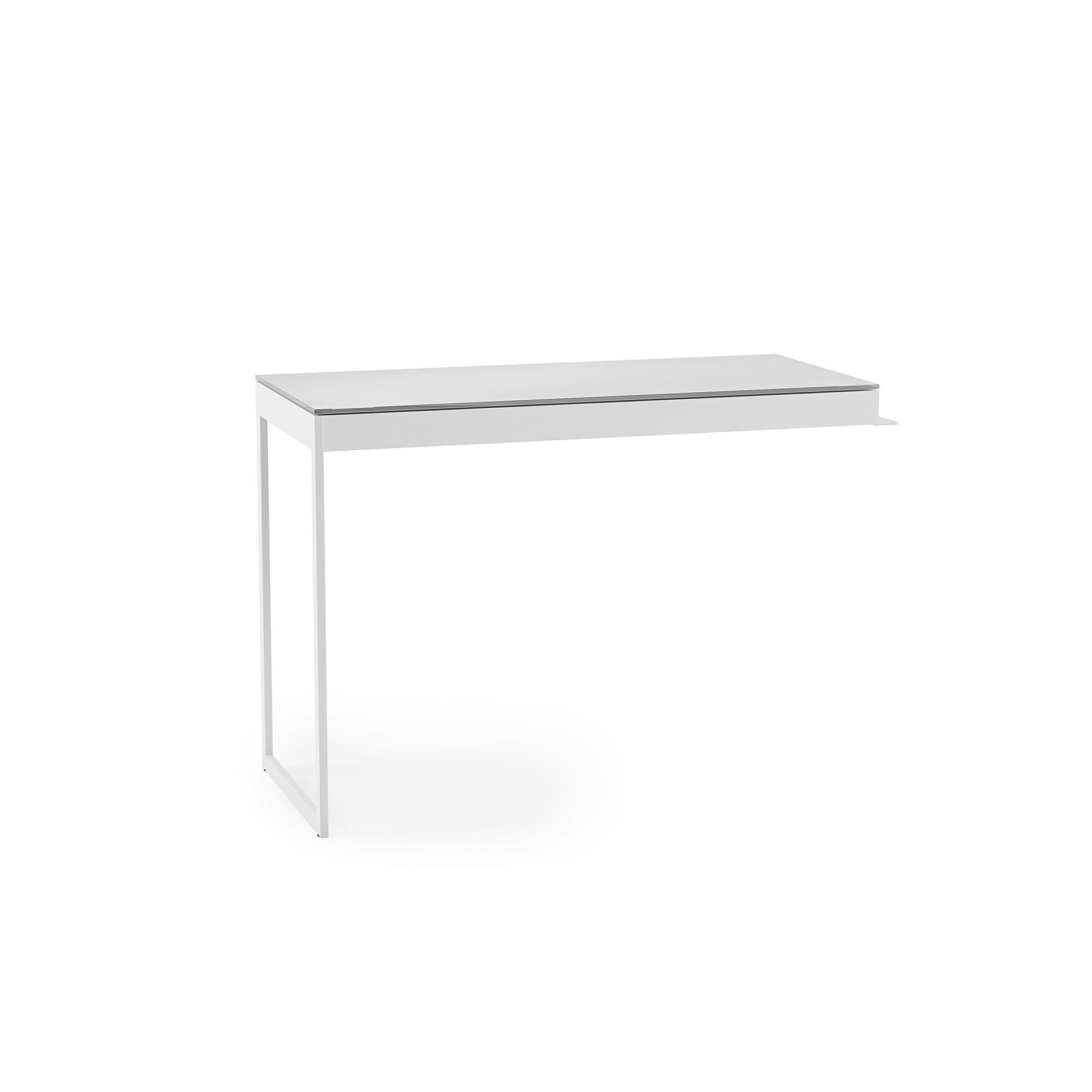 Modern white minimalist desk with sleek metal frame for stylish workspaces.