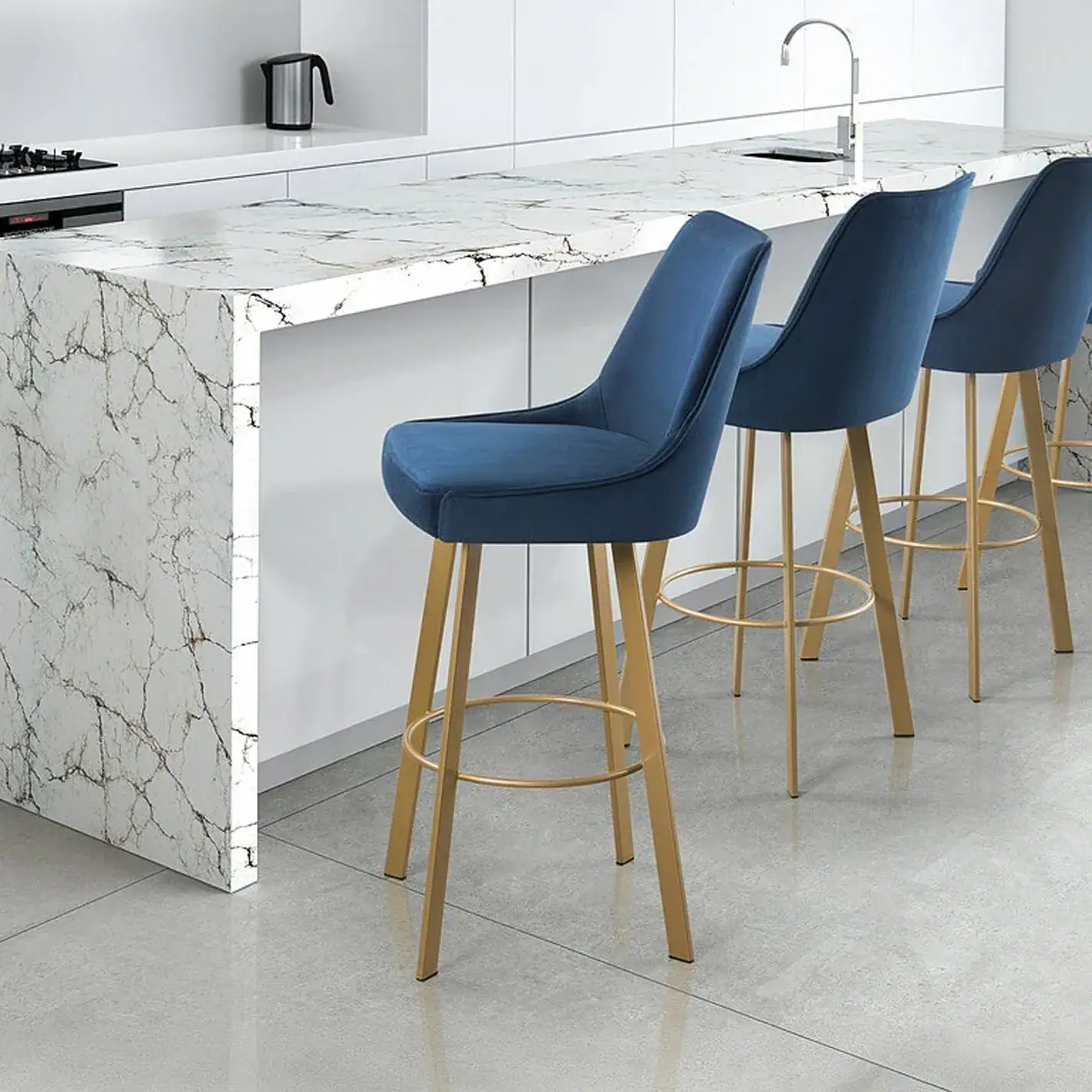 Olivia swivel bar stool with blue upholstery and wooden legs at a contemporary kitchen island.