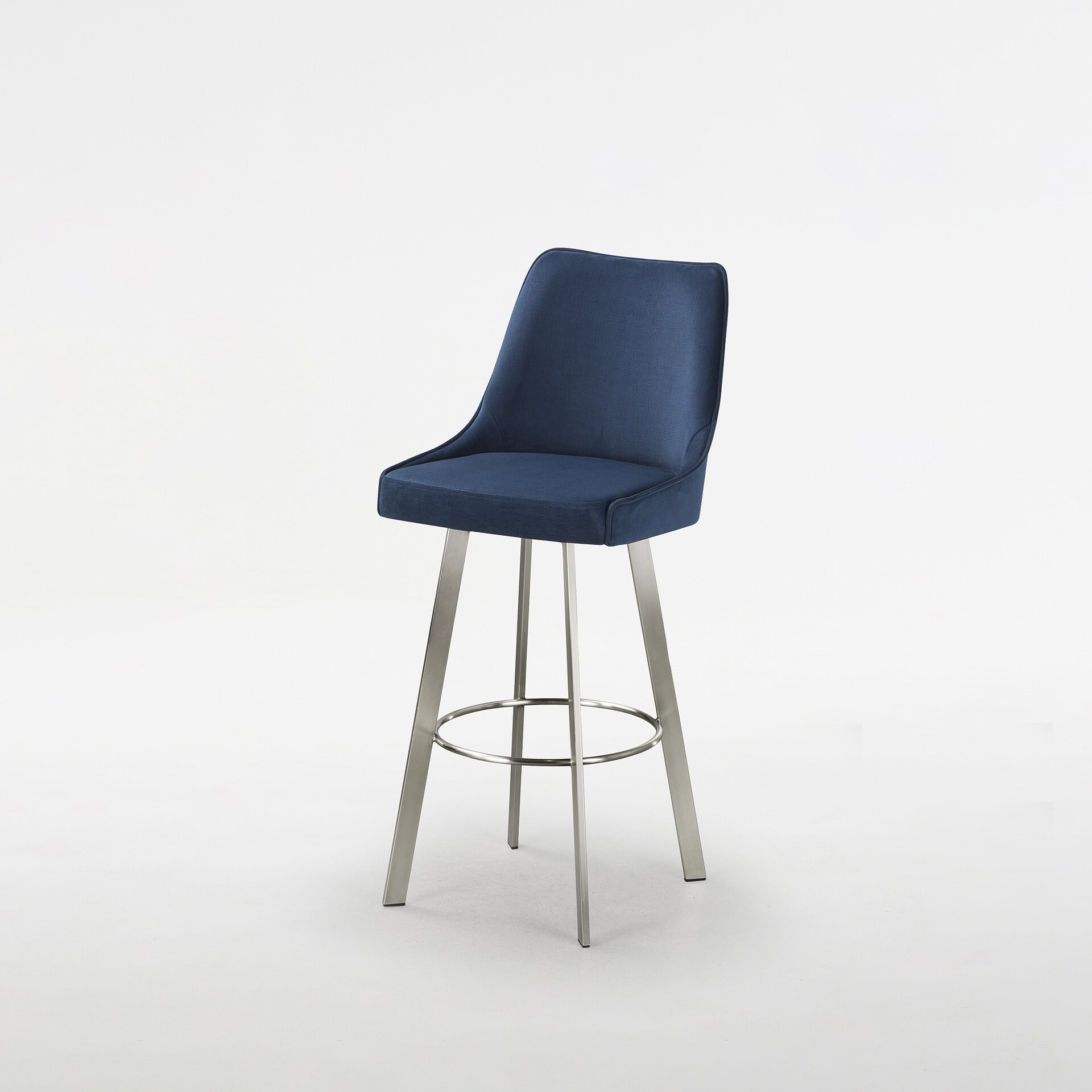 Elegant Olivia Swivel Bar & Counter Stool with navy fabric and sleek metal legs.