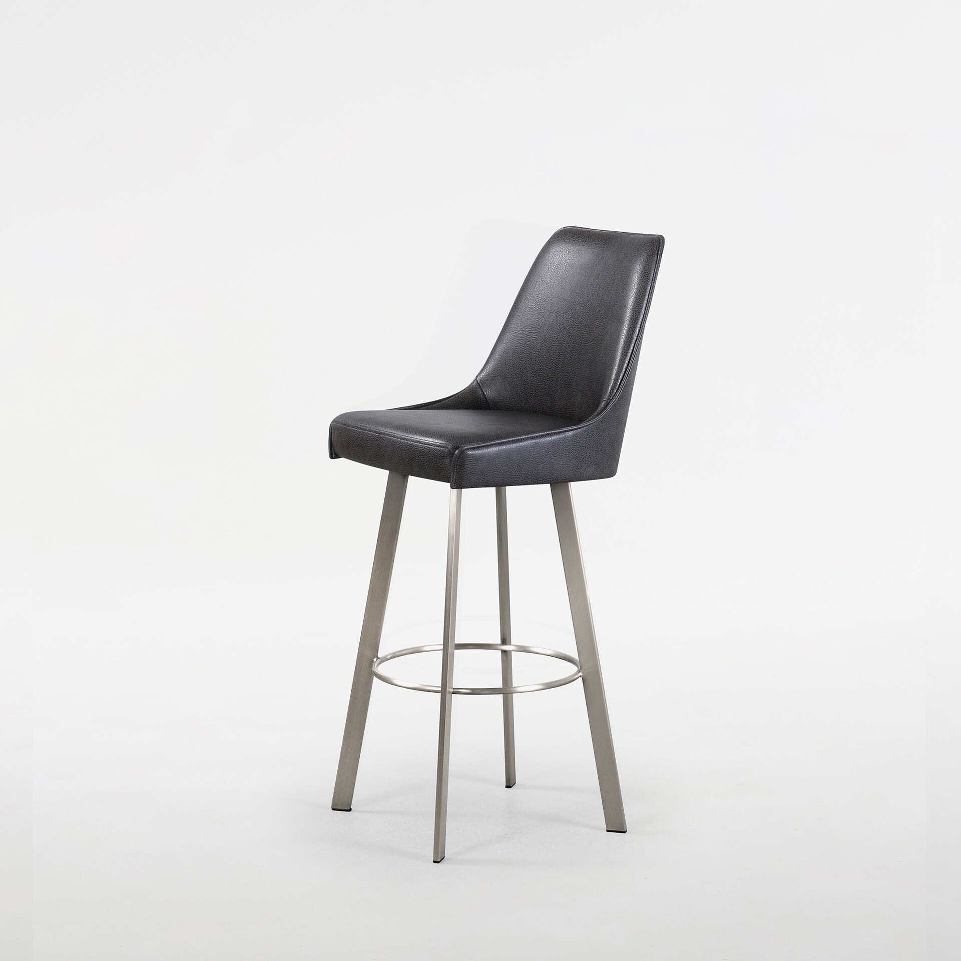 Olivia swivel bar and counter stool with black upholstery and metal legs.