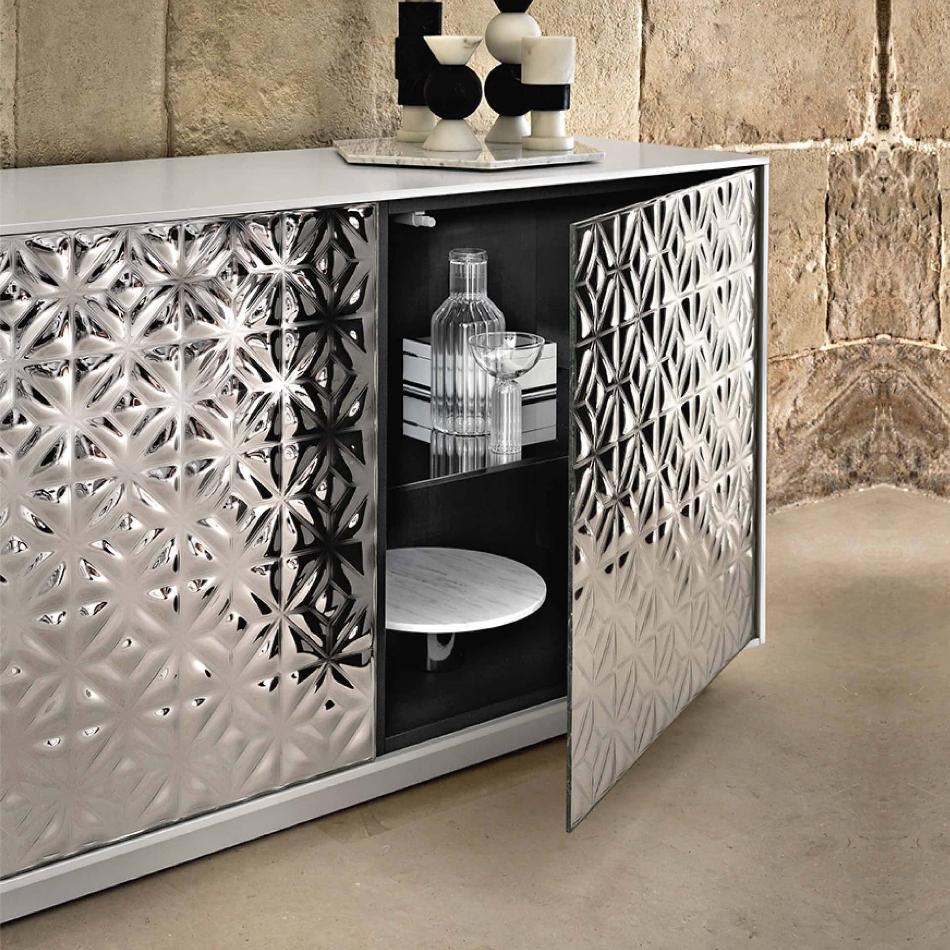 Sleek modern sideboard with geometric metallic pattern, perfect for contemporary interior decor.