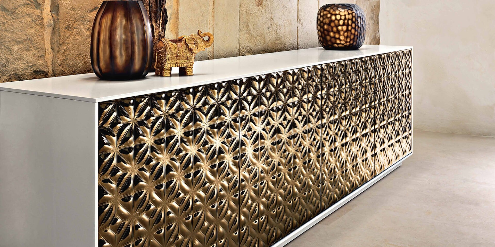 Luxurious modern sideboard with intricate gold geometric pattern, perfect for upscale interiors.