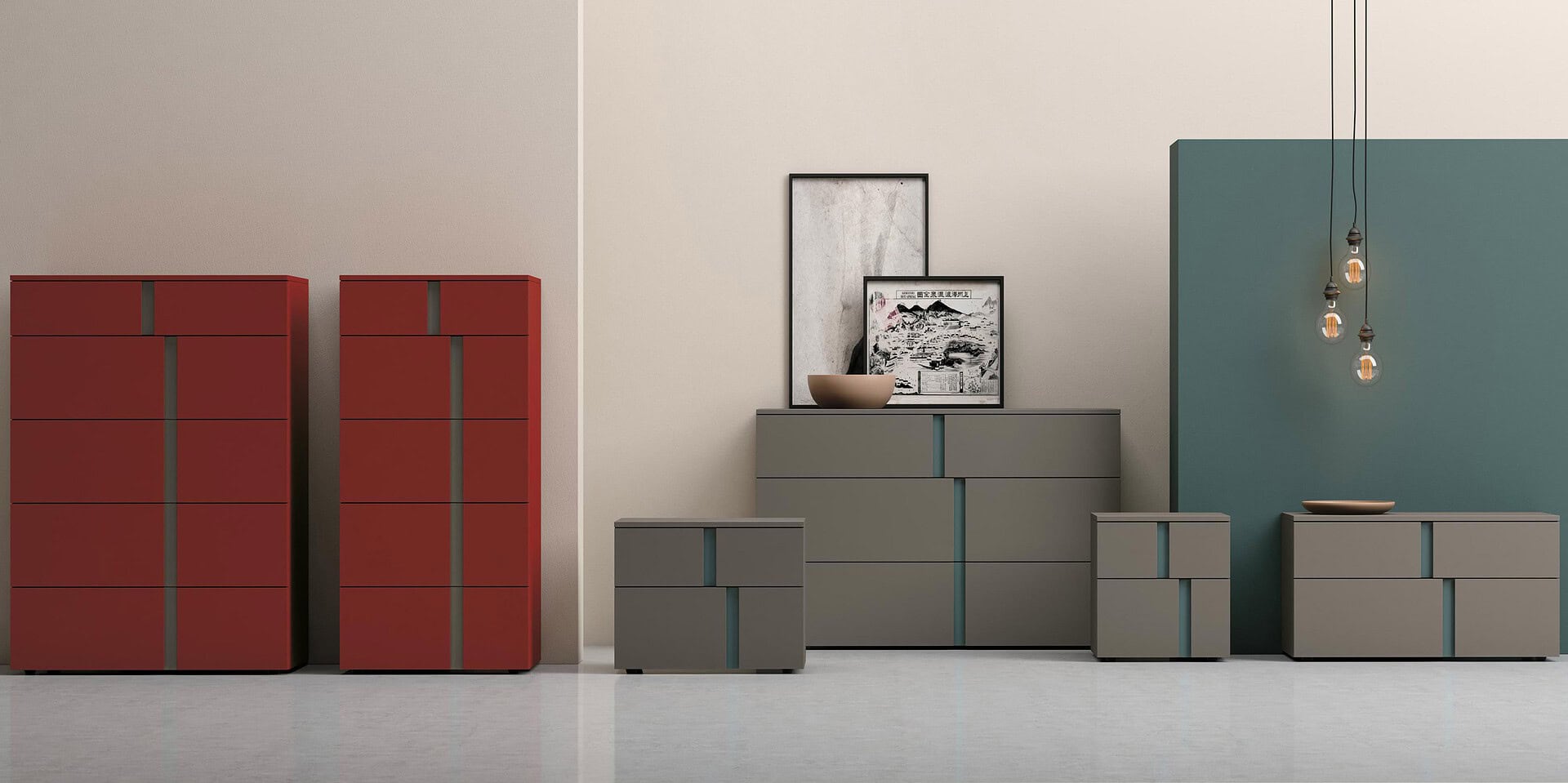 Contemporary modern storage furniture set with colorful cabinets and decor elements for stylish home organization.