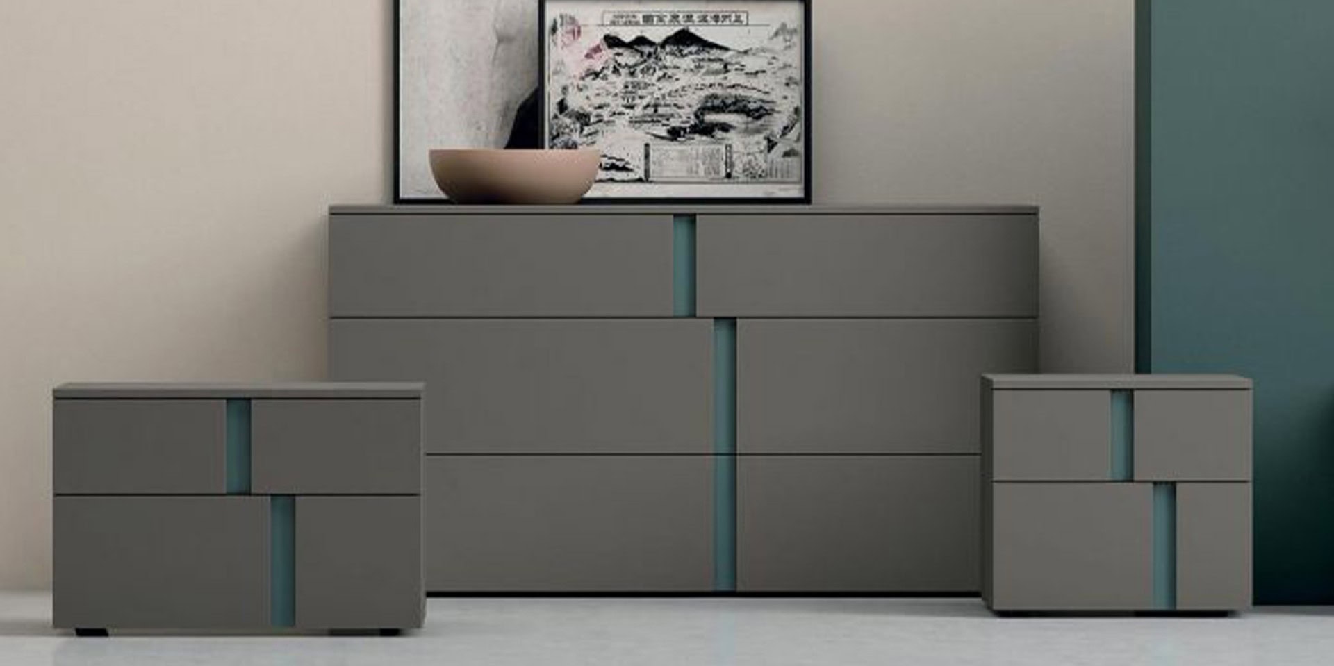 Stylish modern grey bedroom dressers with blue accents, sleek and functional furniture design.