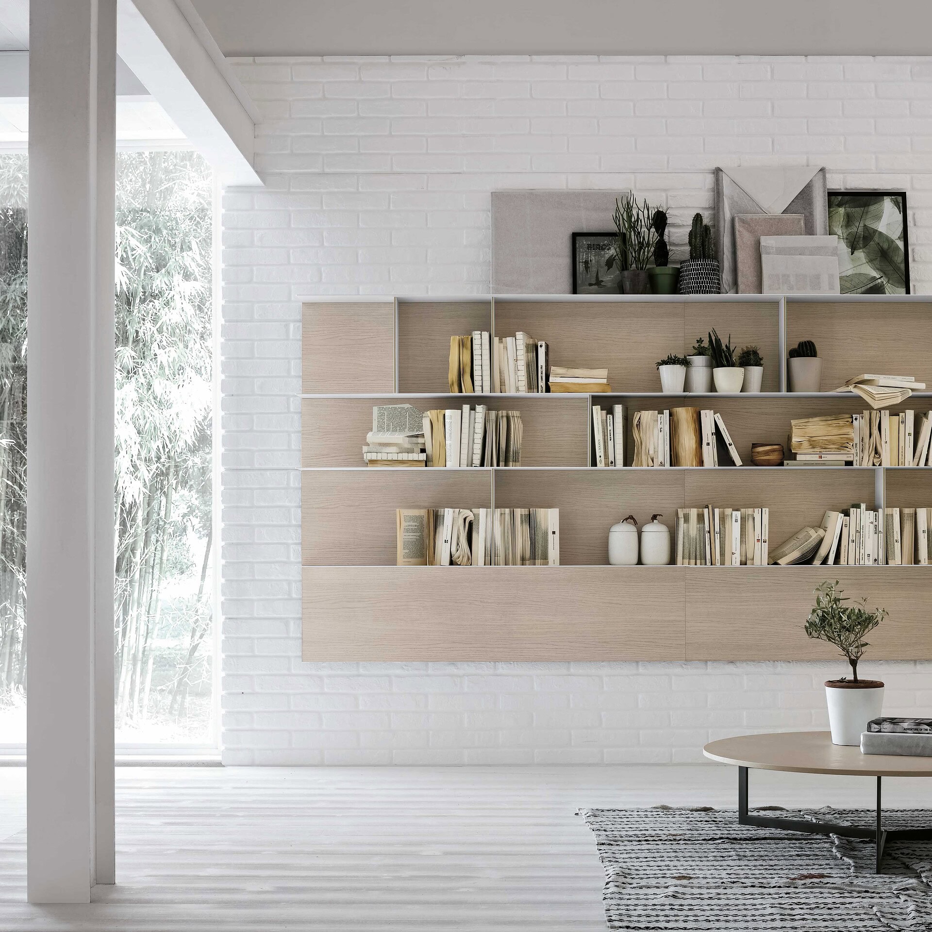 Modern minimalistic bookshelf with neutral tones, perfect for stylish home decor and book organization.