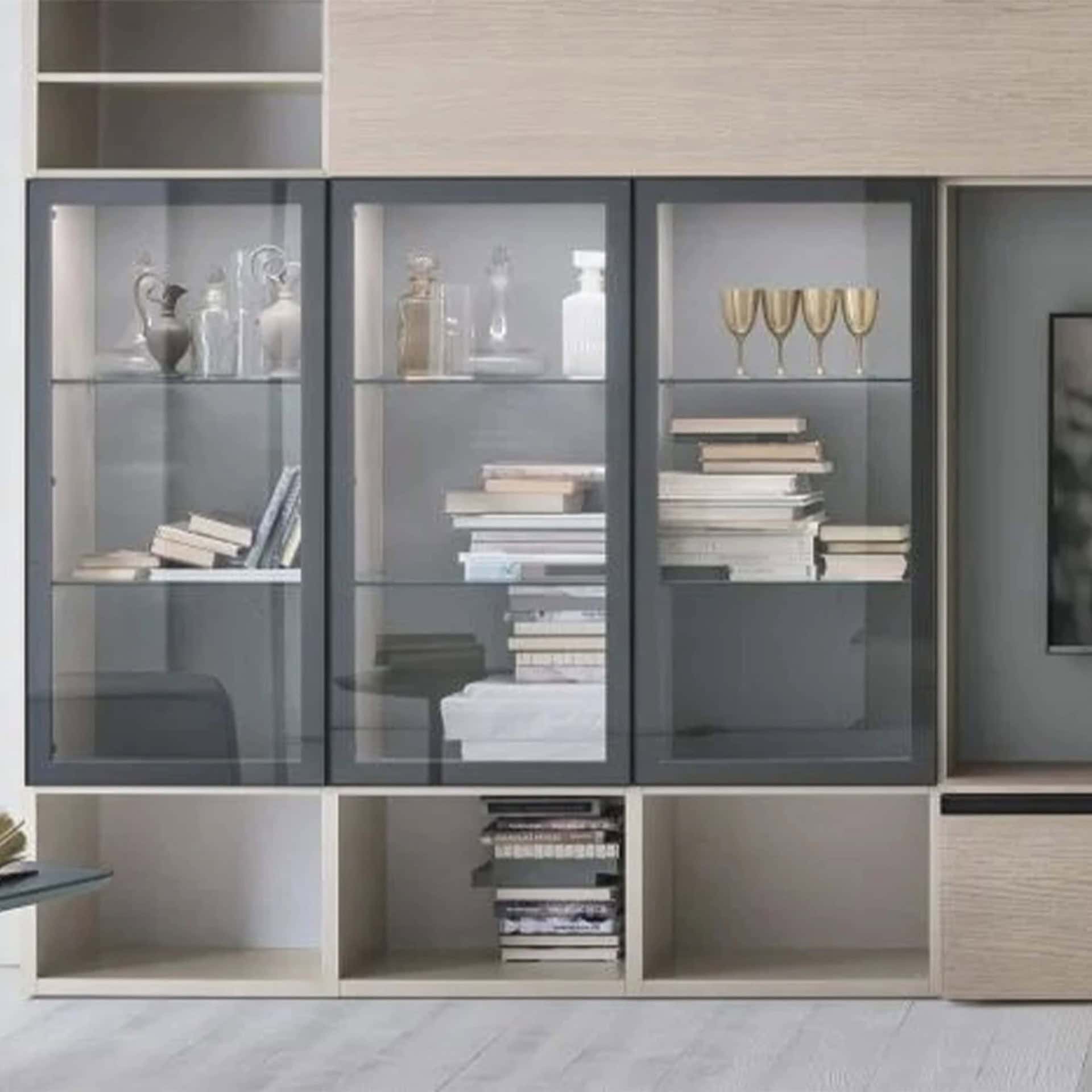 Elegant modern glass-front display cabinet showcasing stylish decor and books, ideal for contemporary home furnishings.