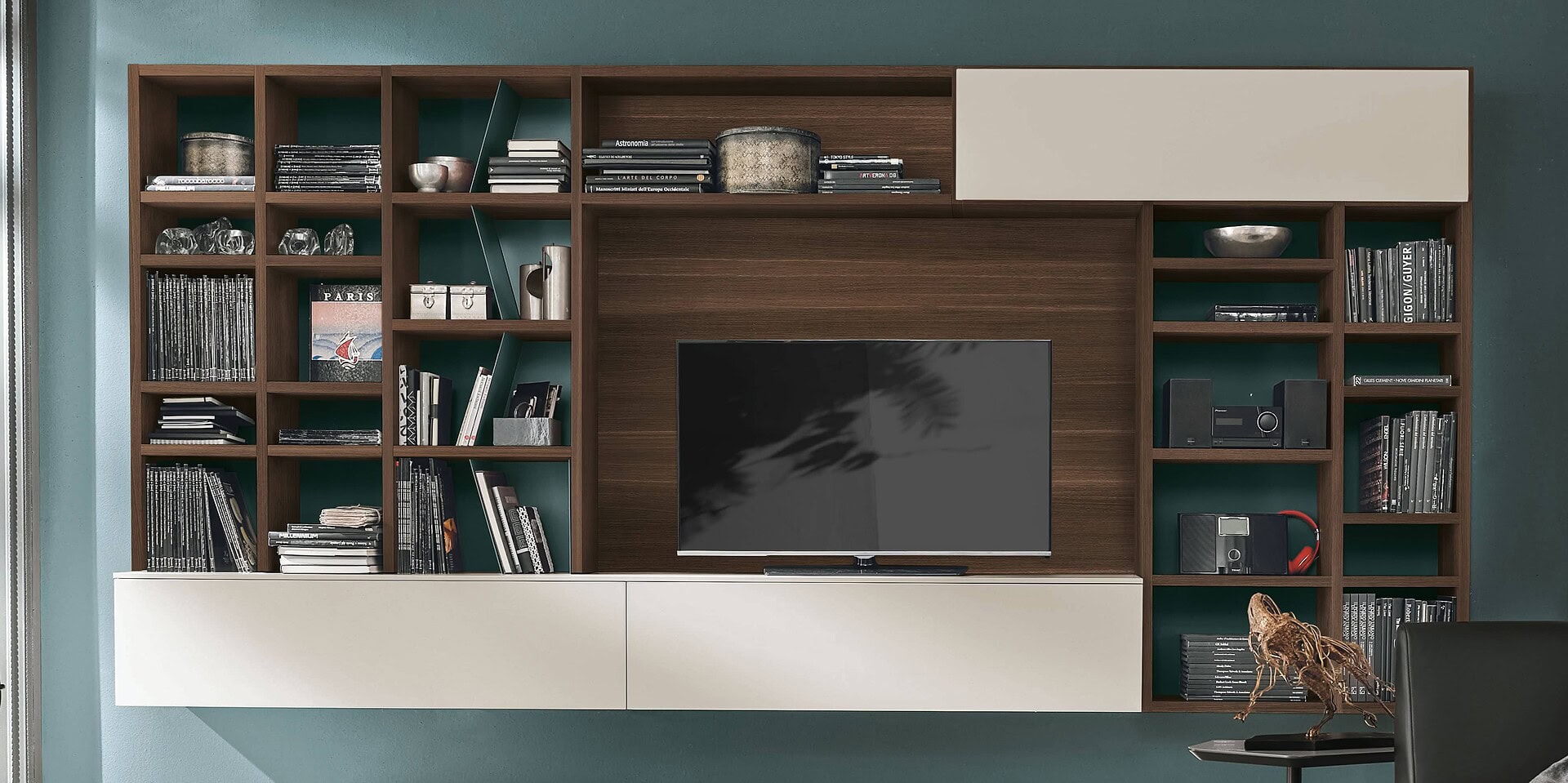 Sophisticated modern wooden entertainment center with ample shelving and storage.