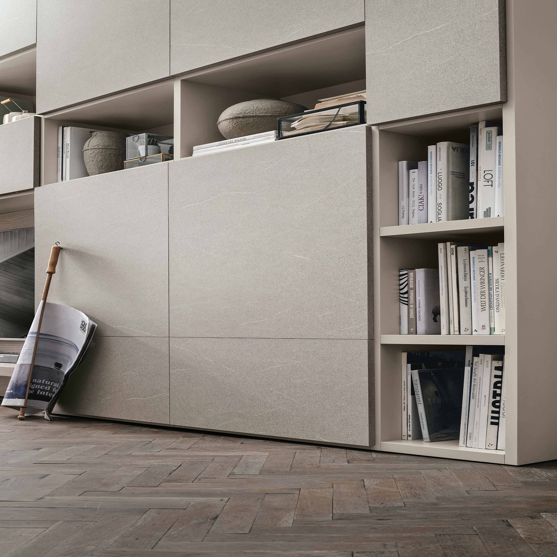 Sleek modern storage cabinet with beige finish and open shelving, perfect for contemporary living rooms.