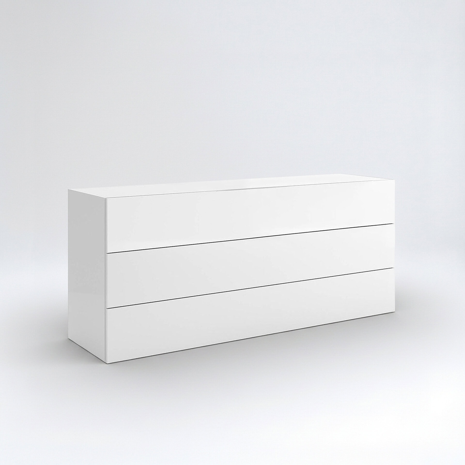 White modern dresser with sleek design and three spacious drawers.