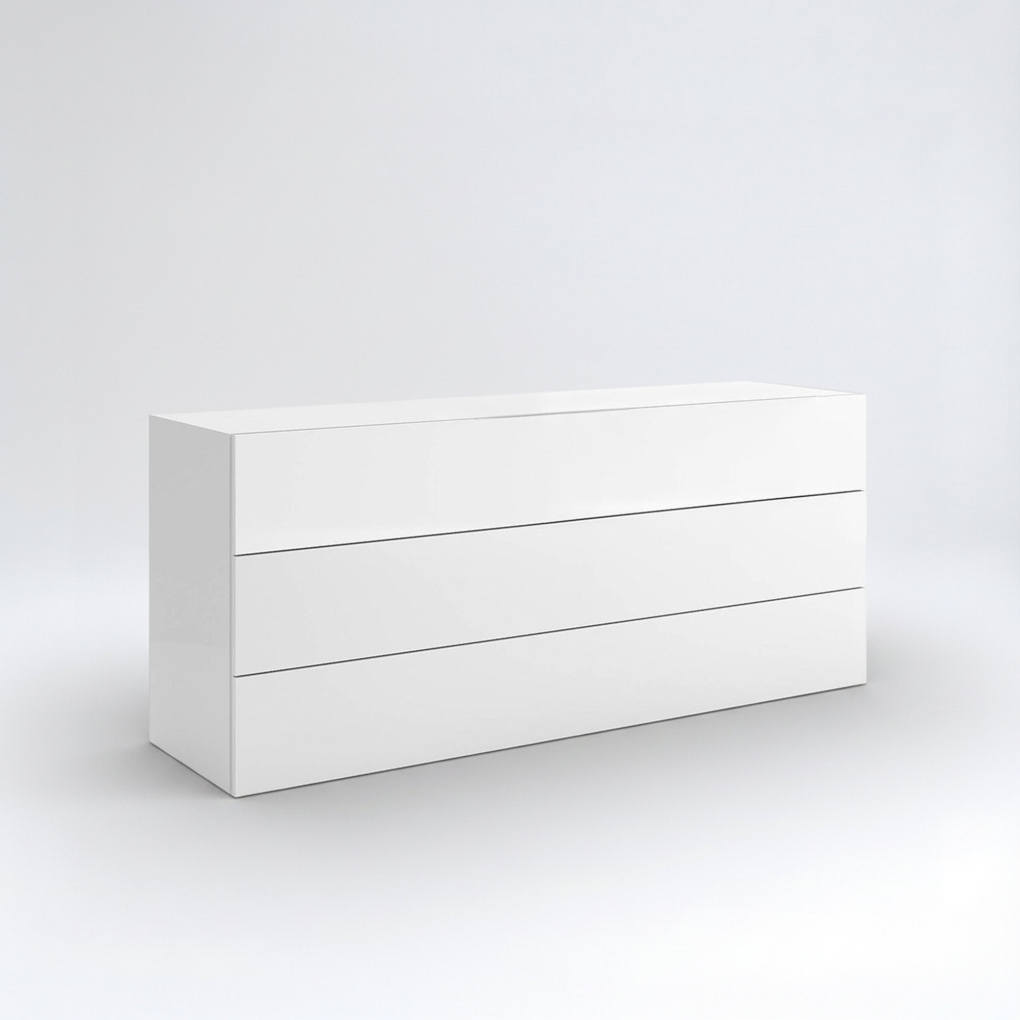 White modern dresser with sleek design and three spacious drawers.