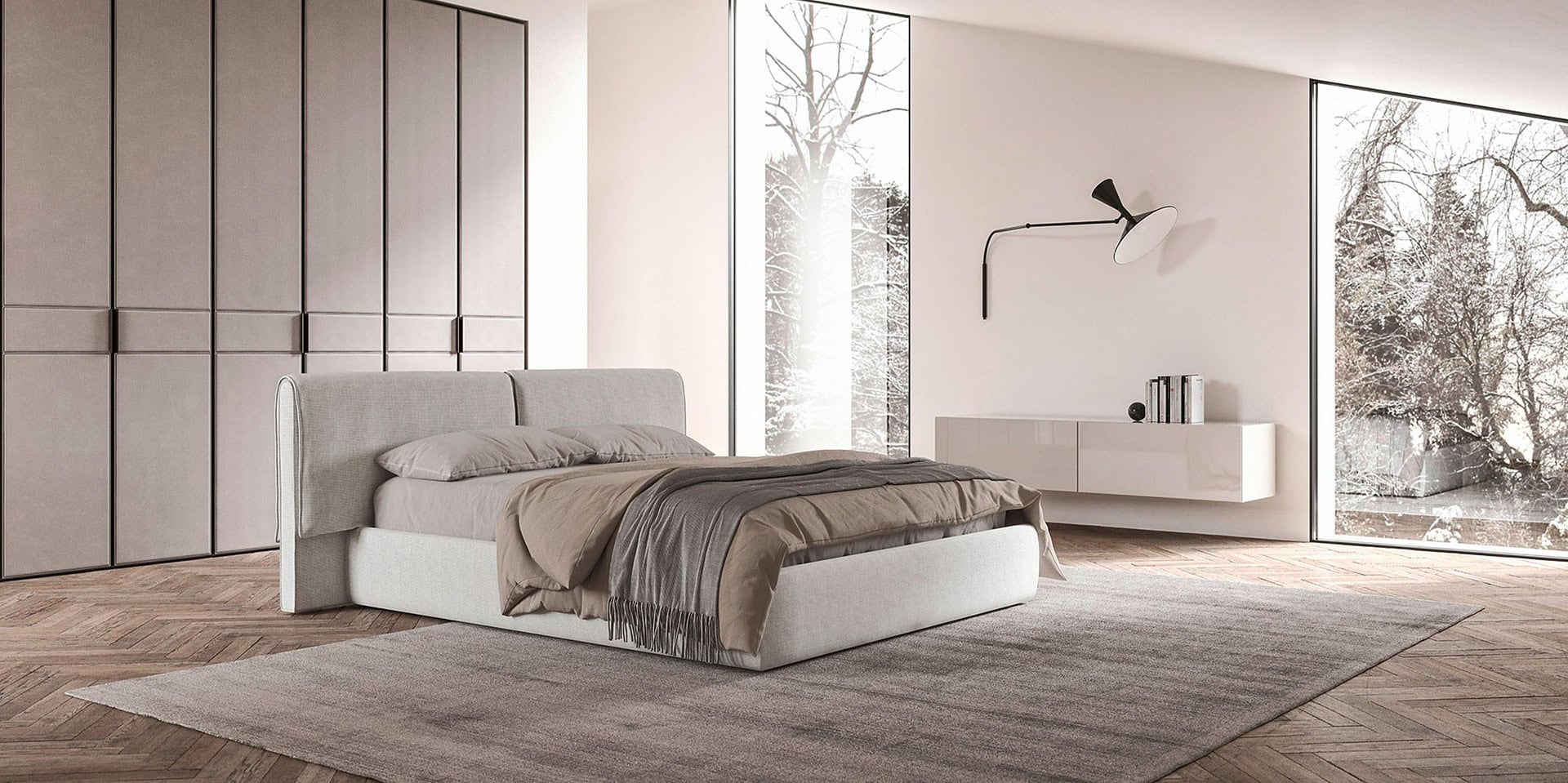 Elegant modern bedroom with neutral tones and large floor-to-ceiling windows, showcasing stylish bedding and contemporary furniture.