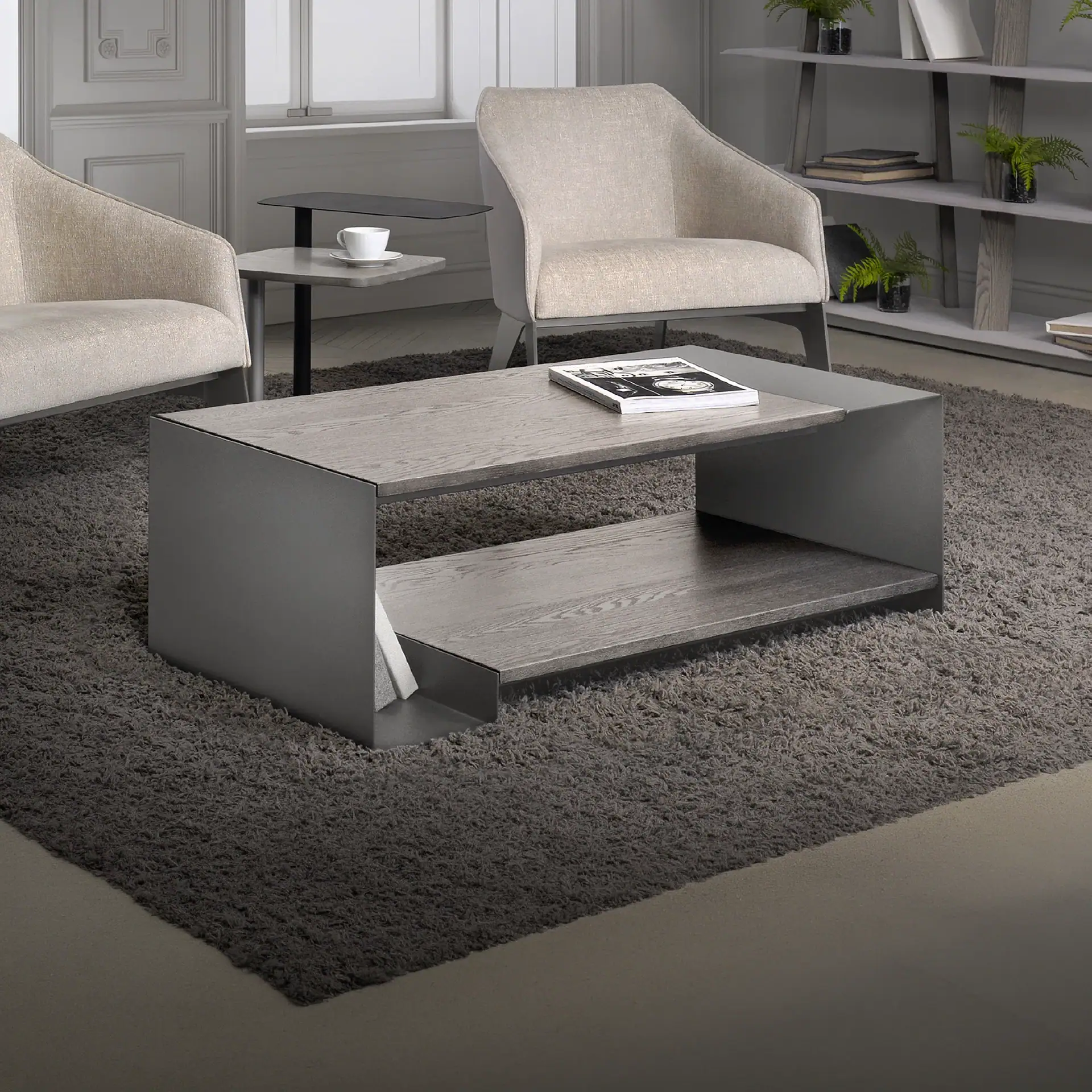 Duo Table by Sklar Furnishings in modern living room setting.