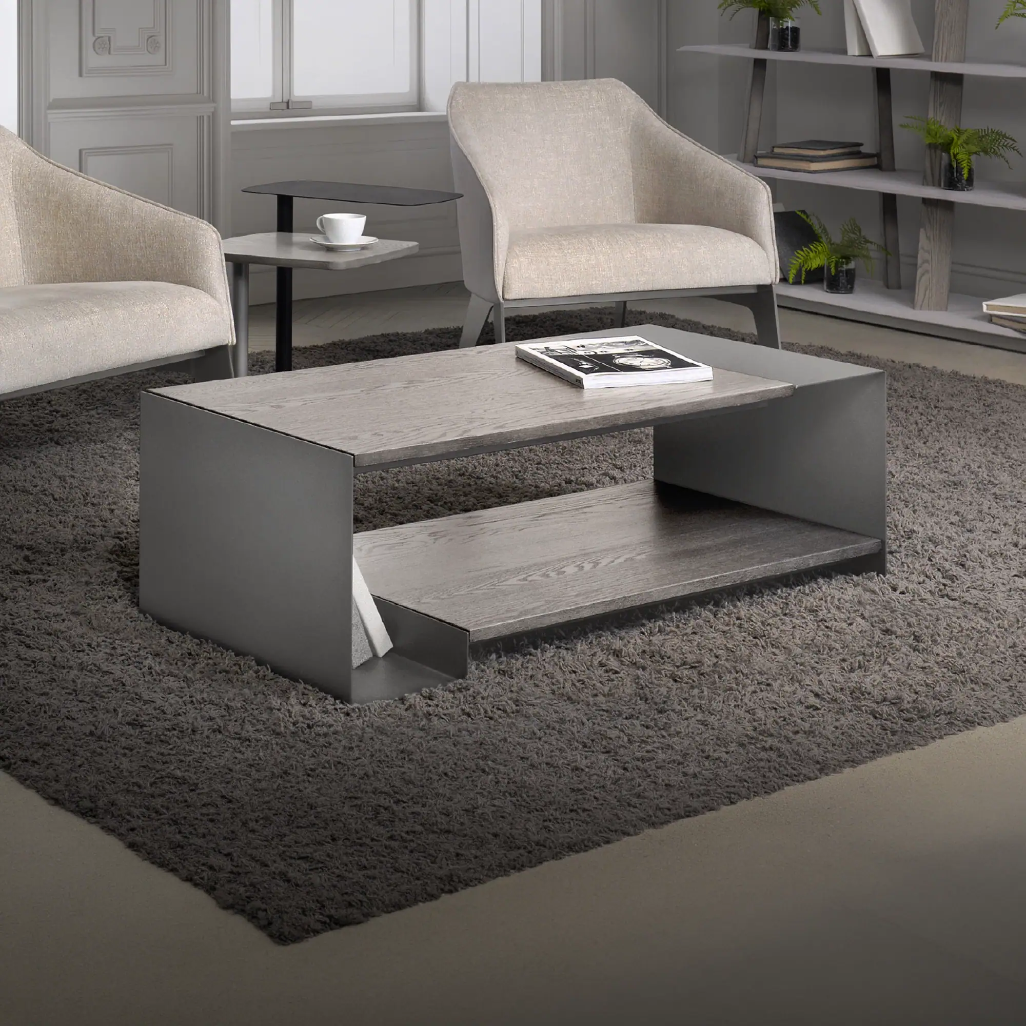 Duo Table by Sklar Furnishings in modern living room setting.