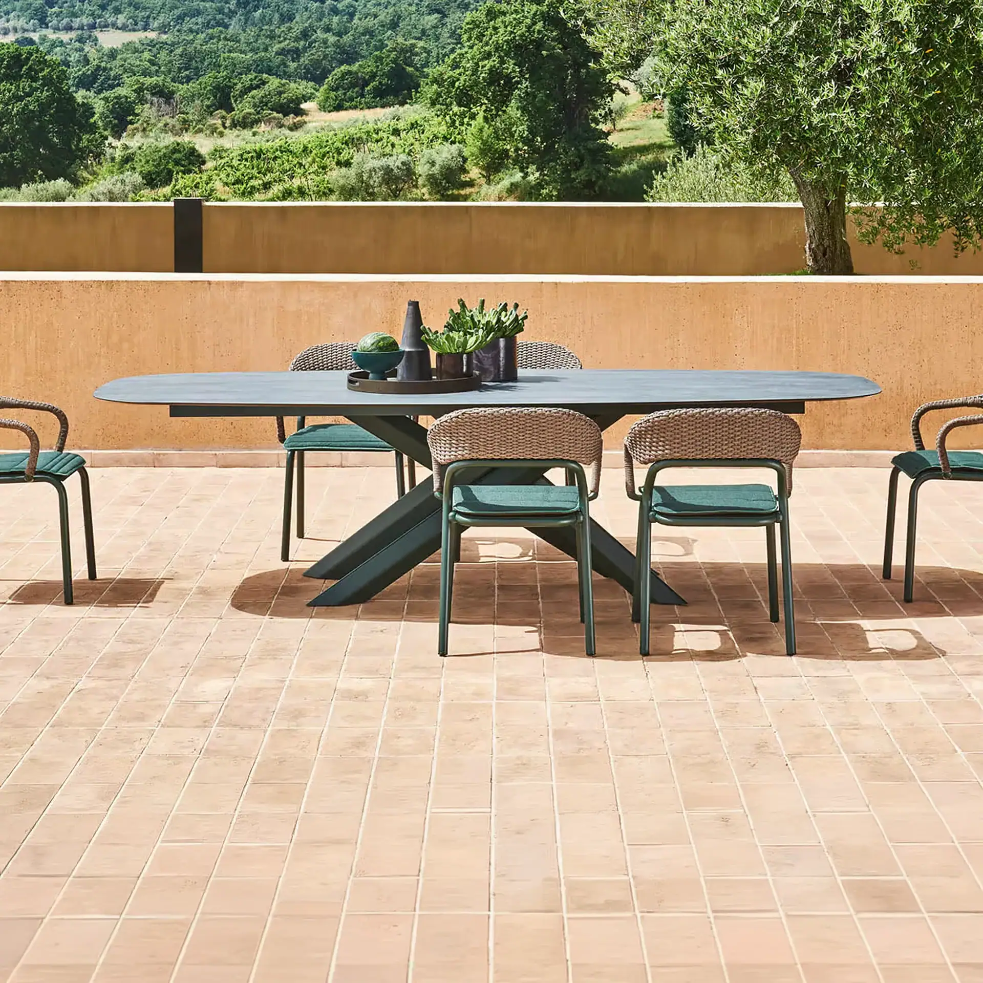 An outdoor dining table and chairs on a light brown tiled patio. The dark green oval table is set with decorative plants and a bowl. Six chairs with dark green frames and woven backrests surround it. In the background, a low wall separates the patio from a lush green landscape with trees and fields.