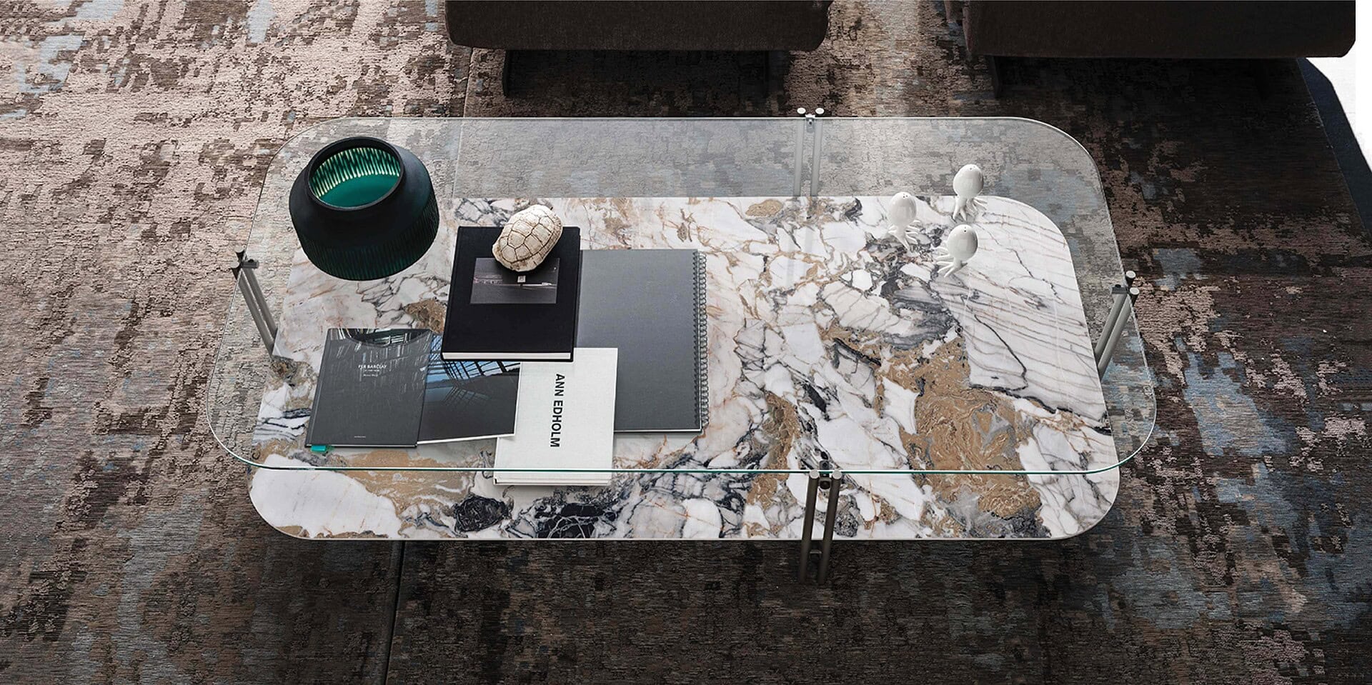 Luxurious marble coffee table with glass top, modern design by Sklar Furnishings.