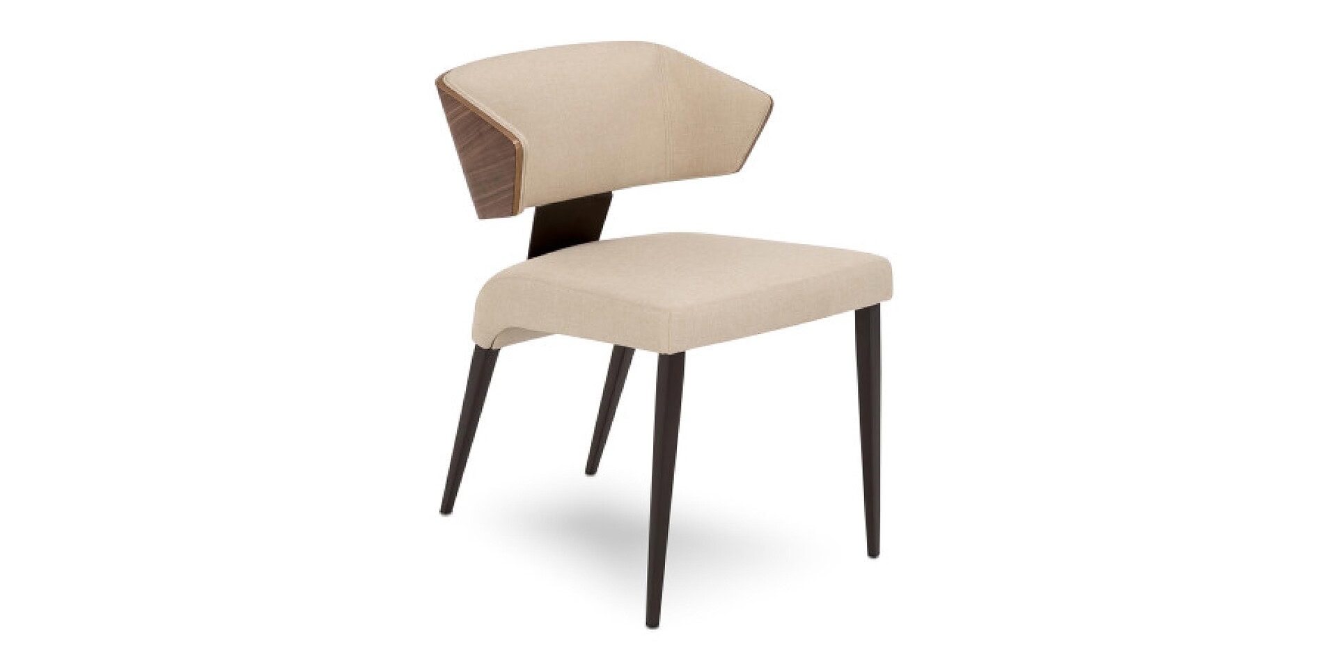 Contemporary wooden accent chair with beige upholstery and dark wood legs.