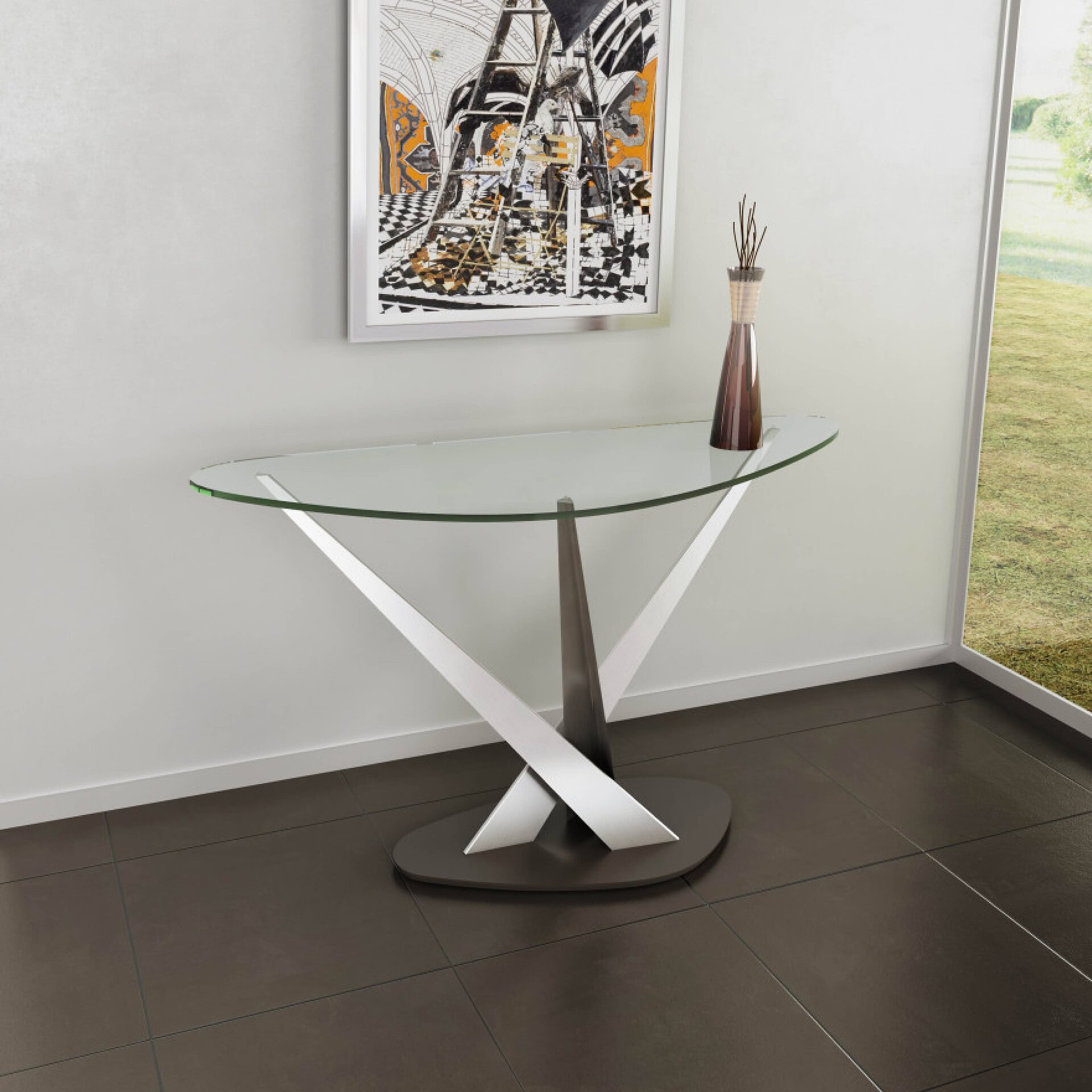 Sleek modern console table with glass top and unique metal base, stylish home decor piece.