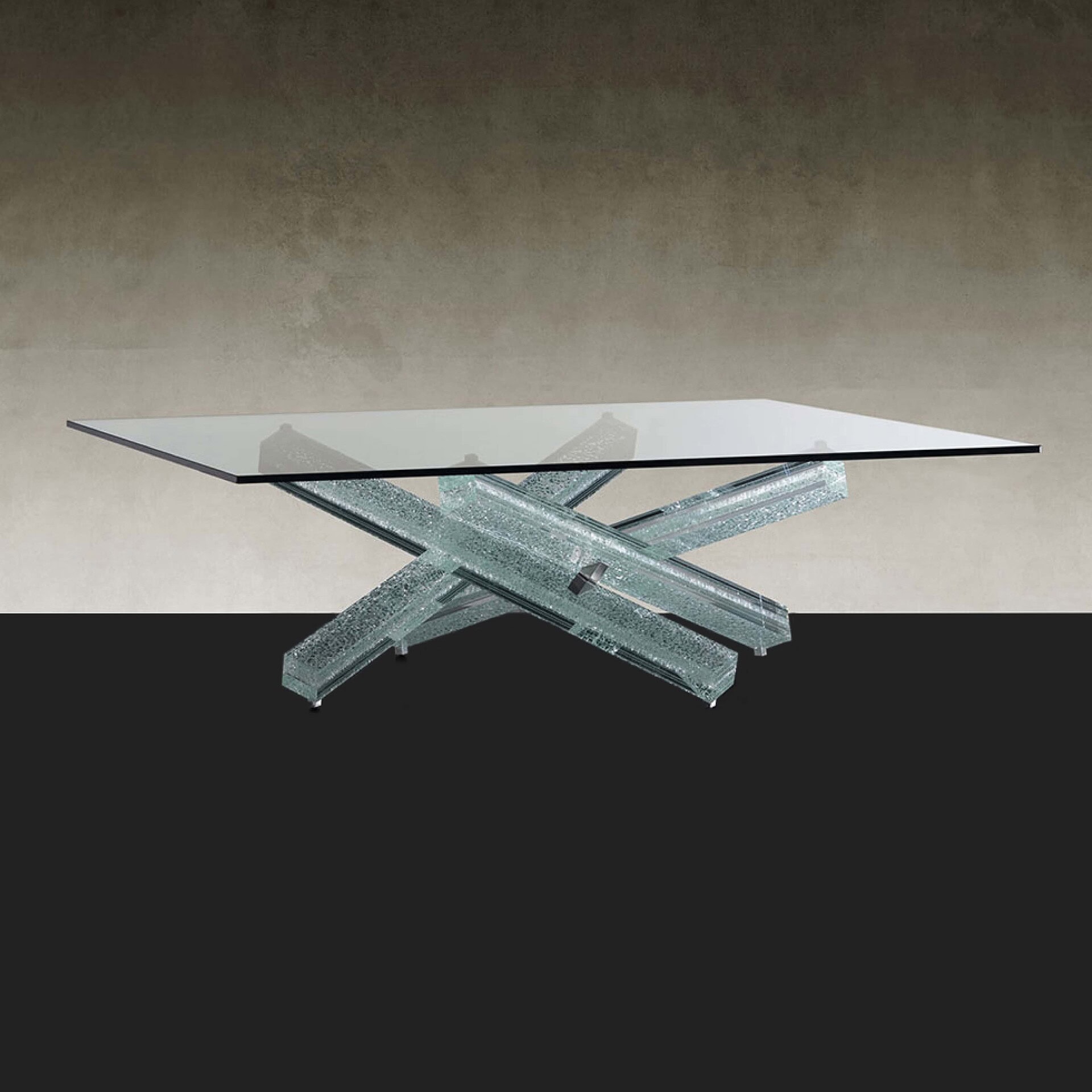 Elegant glass and crystal dining table with contemporary design by Sklar Furnishings.