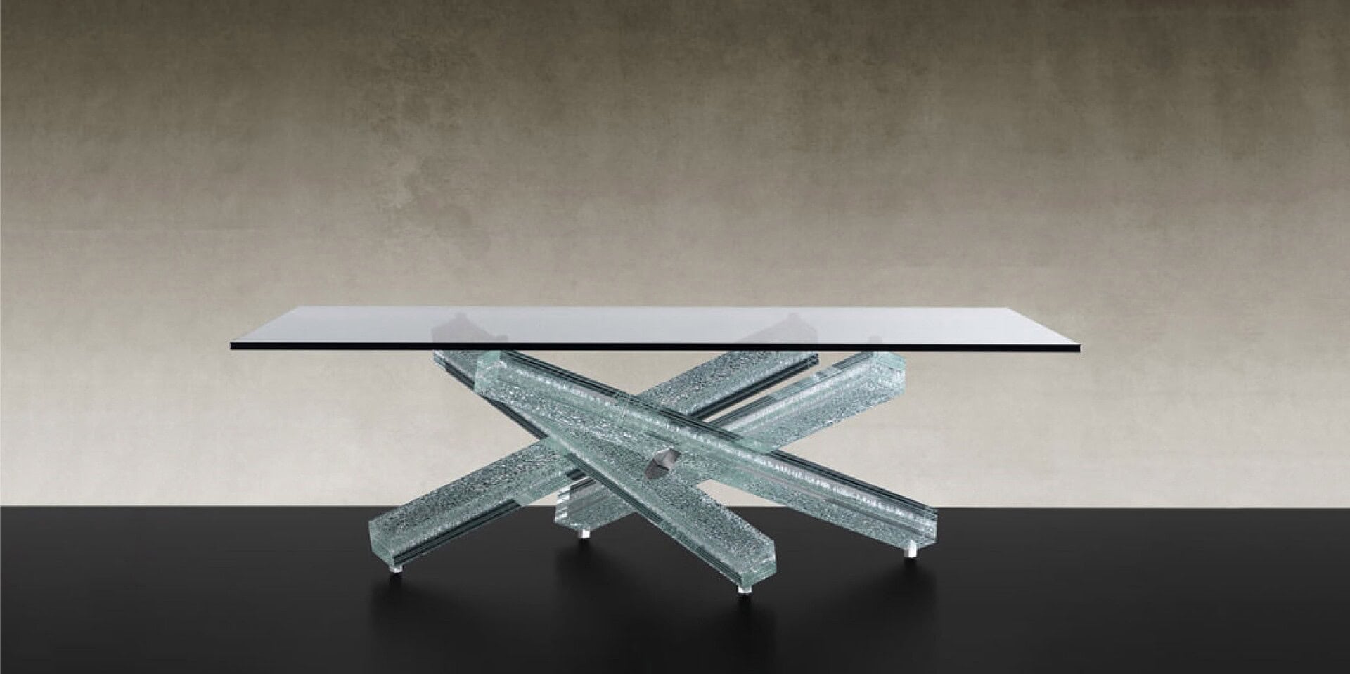 Elegant glass-top table with a modern, artistic crystal base, perfect for luxury home décor.