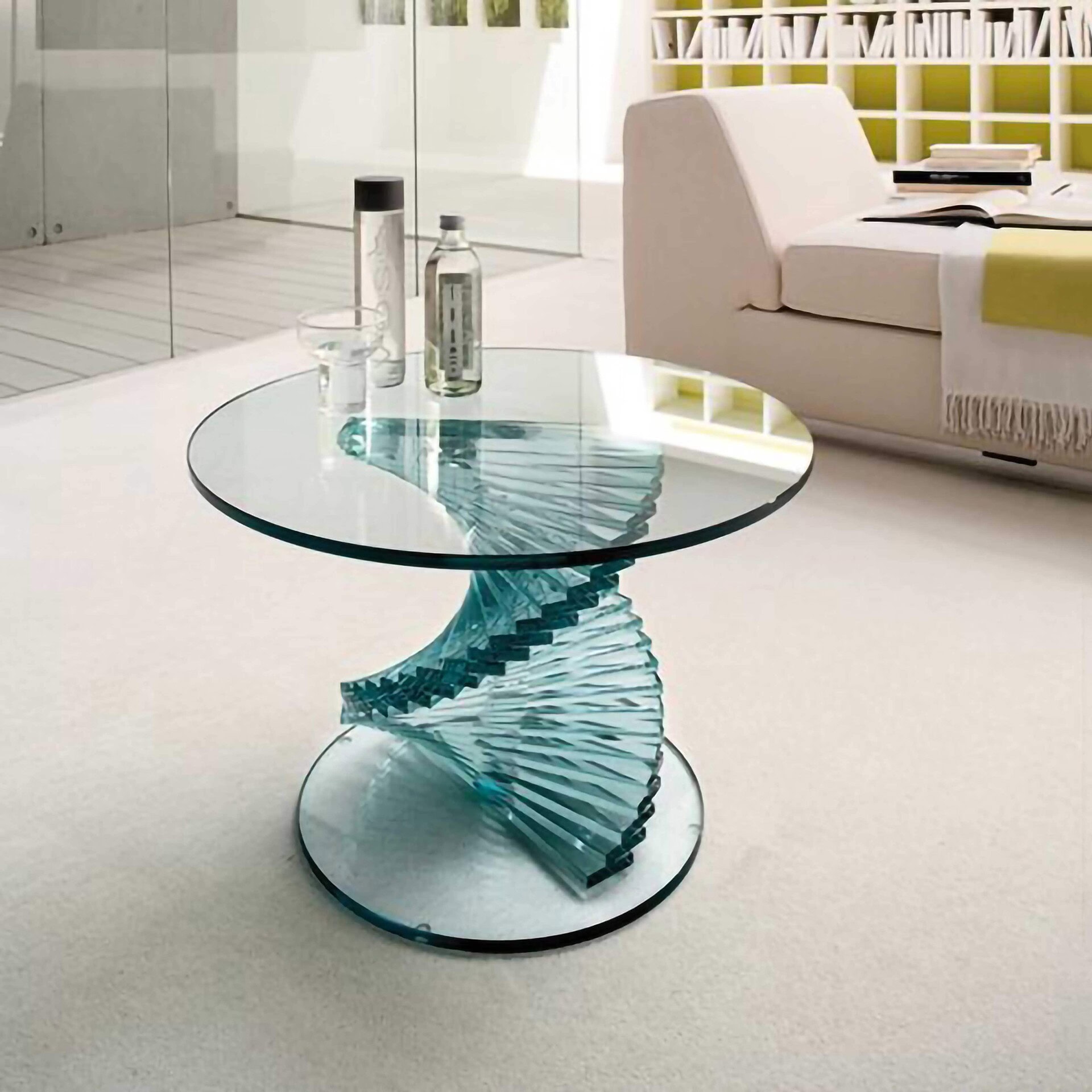Elegant glass spiral side table without logo at Sklar Furnishings.