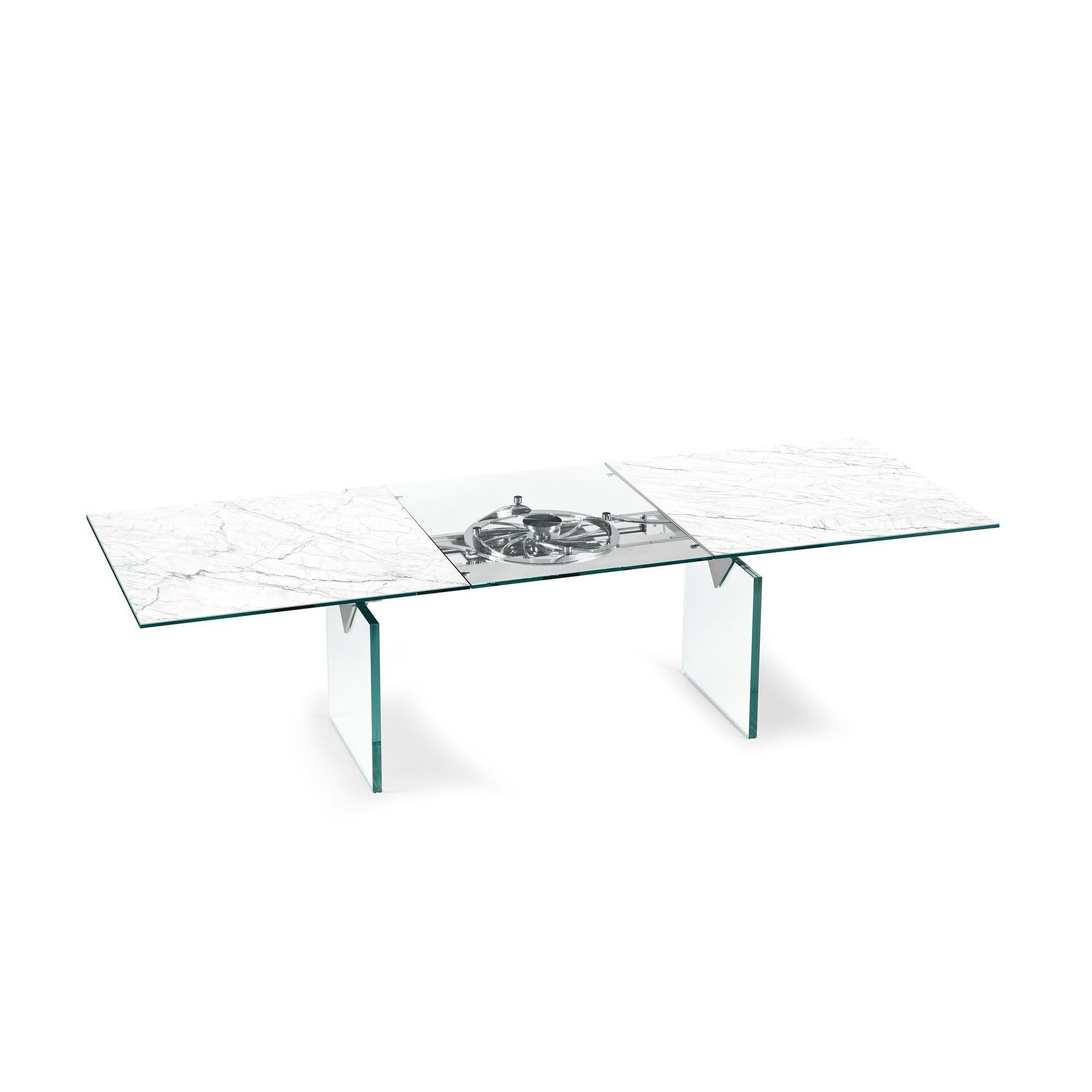 Quasar Extendable Dining Table shown extended in white marble finish