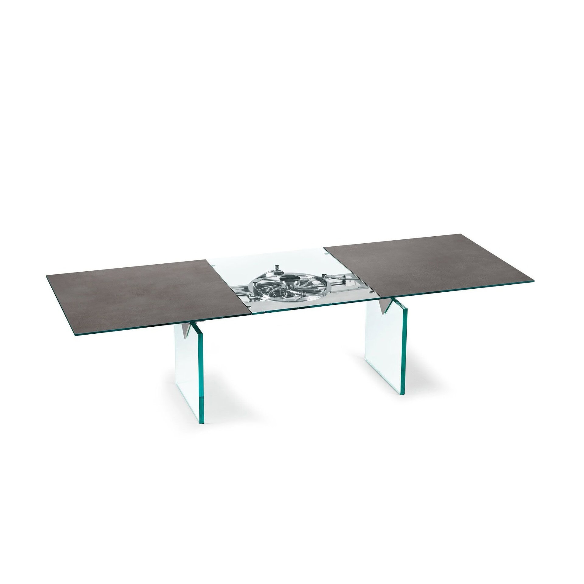 Quasar Extendable Dining Table in dark smoked glass, extended