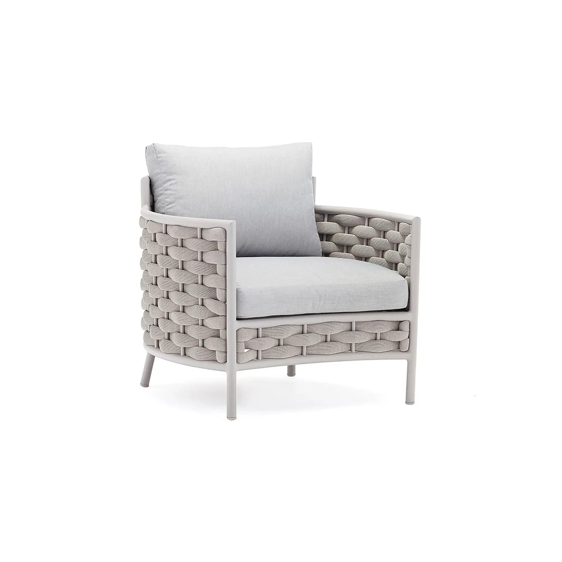 Light gray outdoor armchair with woven sides and back, featuring light gray seat and back cushions, on a white background.