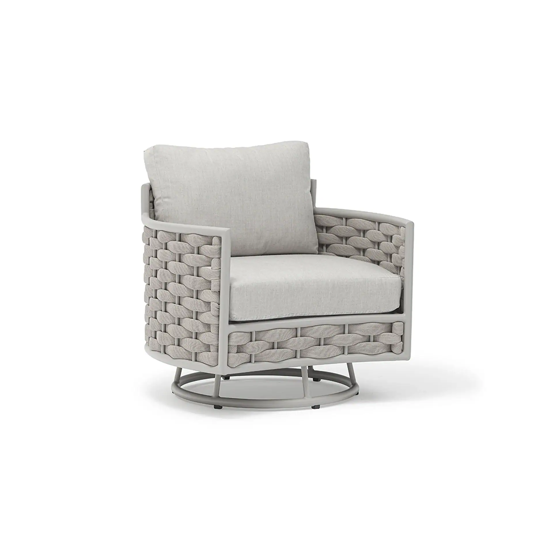 Light gray woven outdoor swivel armchair with light gray cushions on a white background.