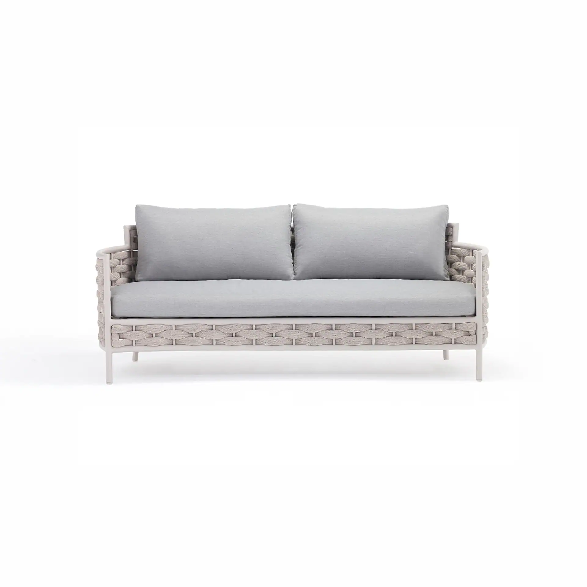 Front view of a two-seater outdoor sofa with light grey woven rope frame and light grey fabric cushions, on a white background.