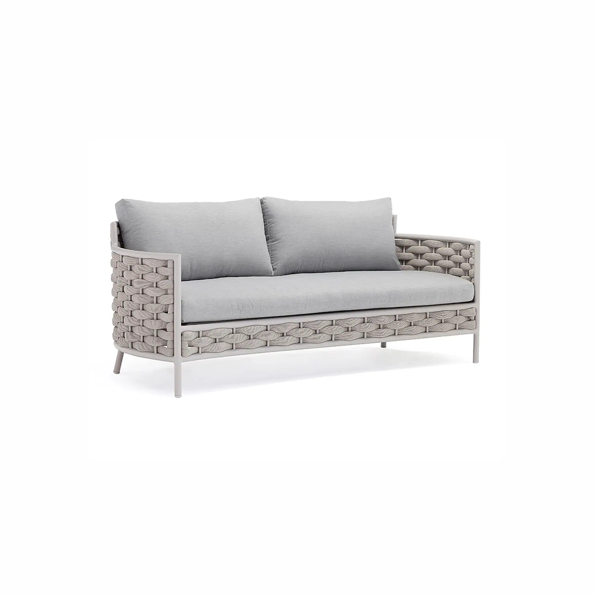 Light gray two-seater outdoor sofa with woven sides and back, and light gray cushions, on a white background.