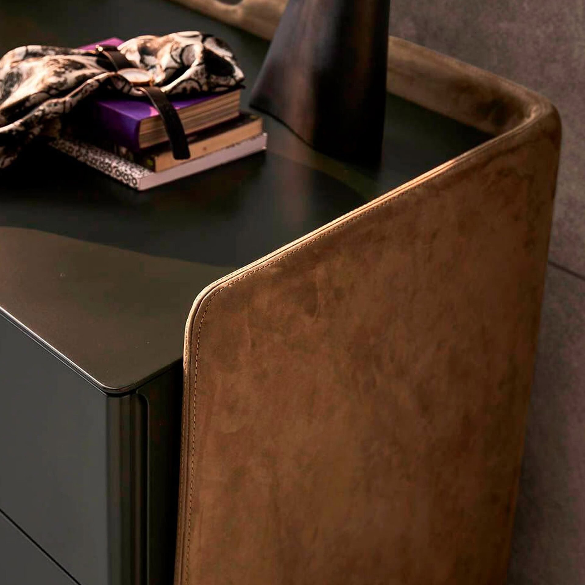 Close-up of Pianca Chloé Upholstered Modern Dresser showing upholstered frame and groove drawer detail.