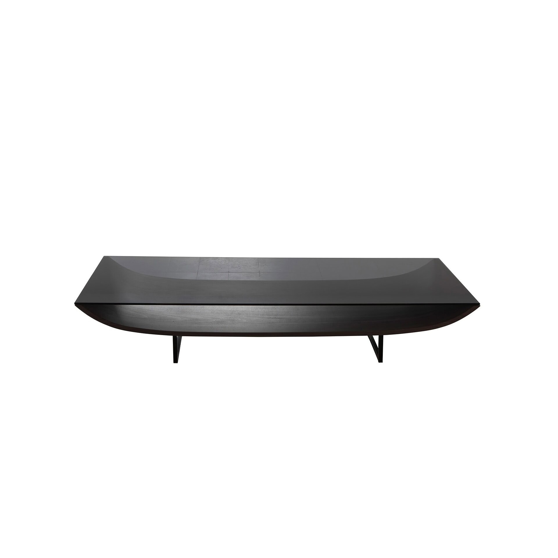 Front view of the Zaren Coffee Table with slim legs and sculpted tabletop in a black finish