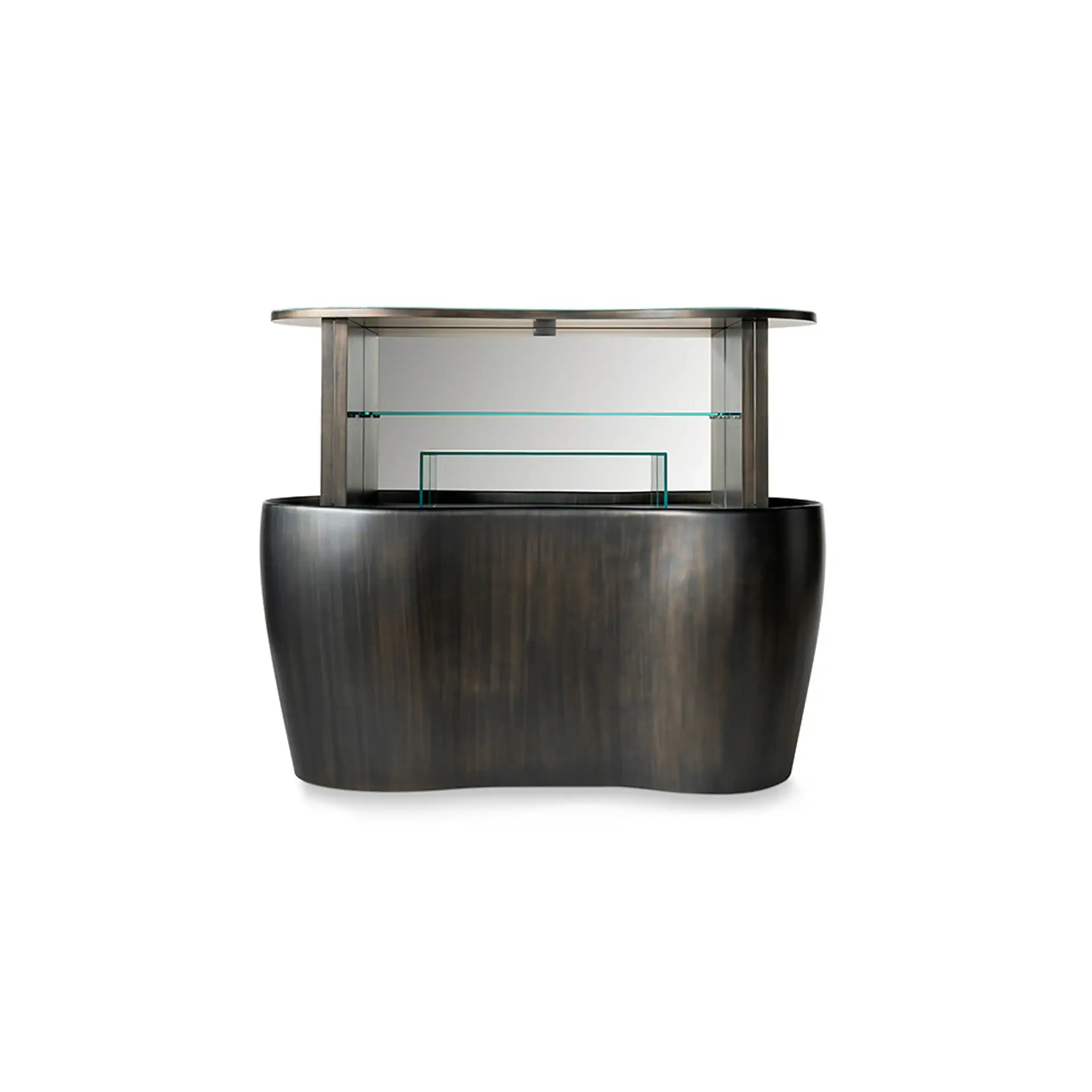 Modern display counter with glass shelves and dark wood finish.